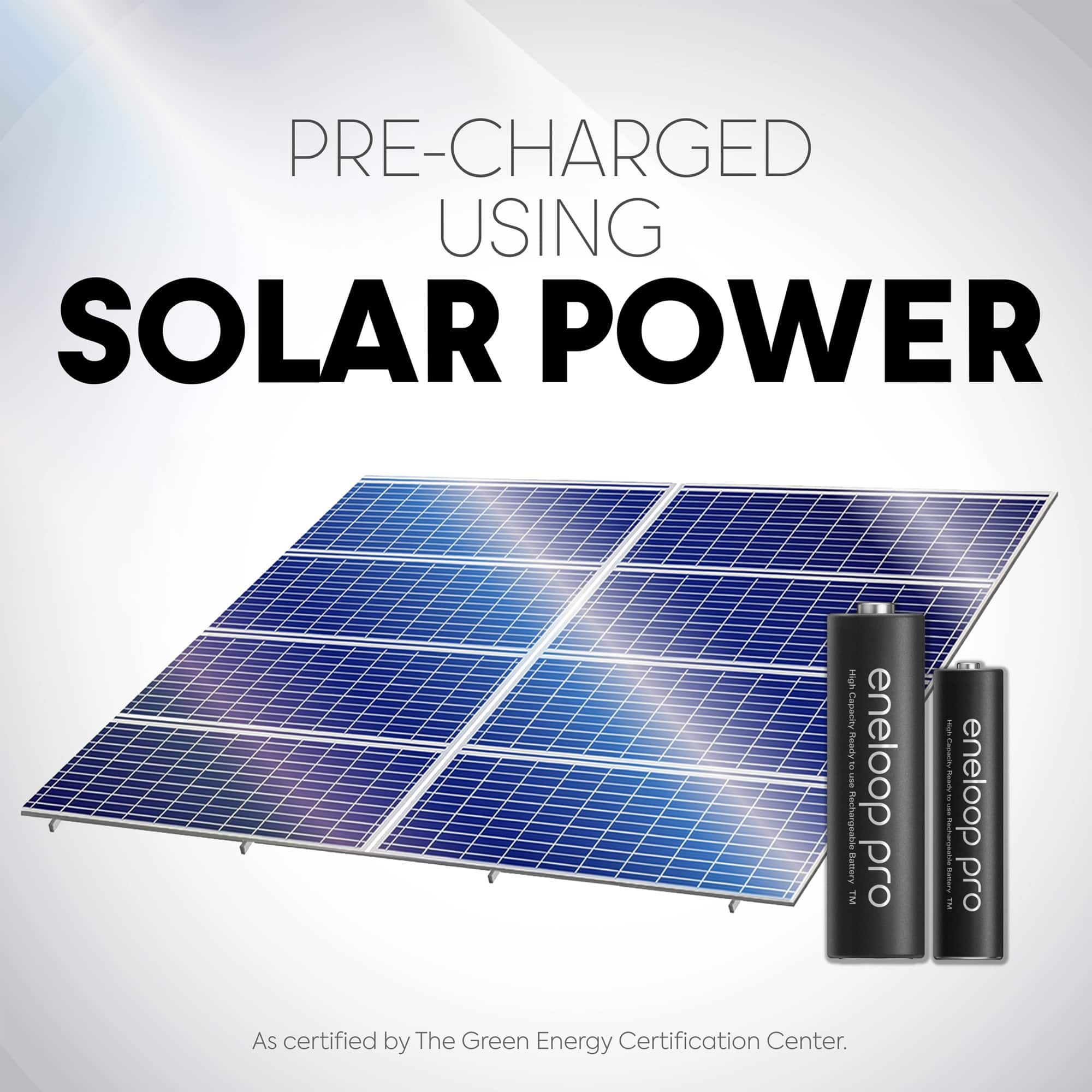 PRE-CHARGED USING SOLAR POWER High Capacity Rechargeable Battery OLO TM. As certified by The Green Energy Certification Center.