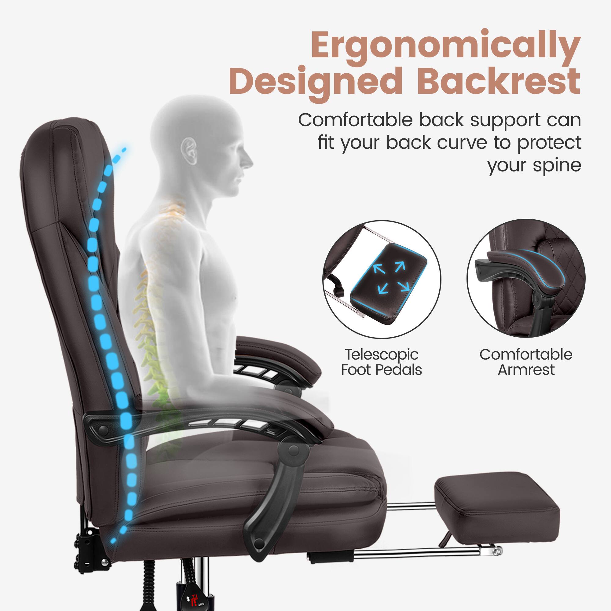 Ergonomically Designed Backrest  
Comfortable back support can fit your back curve to protect your spine  

Telescopic Foot Pedals  
Comfortable Armrest