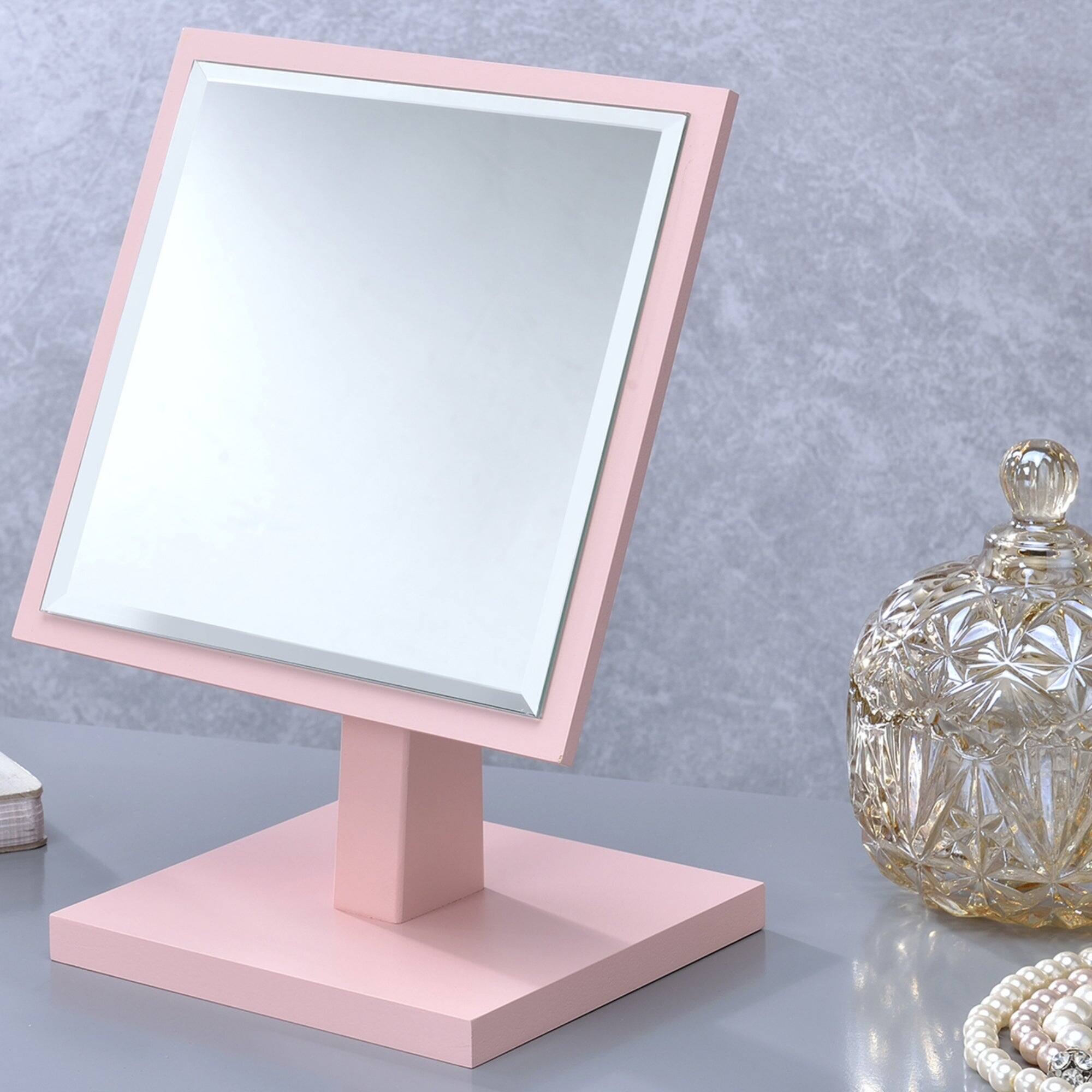 Back. BreeBe - 9.5' Tall Polyresin and Wood Make-Up Mirror on a Pedestal, Pastel Pink finish - Pink.