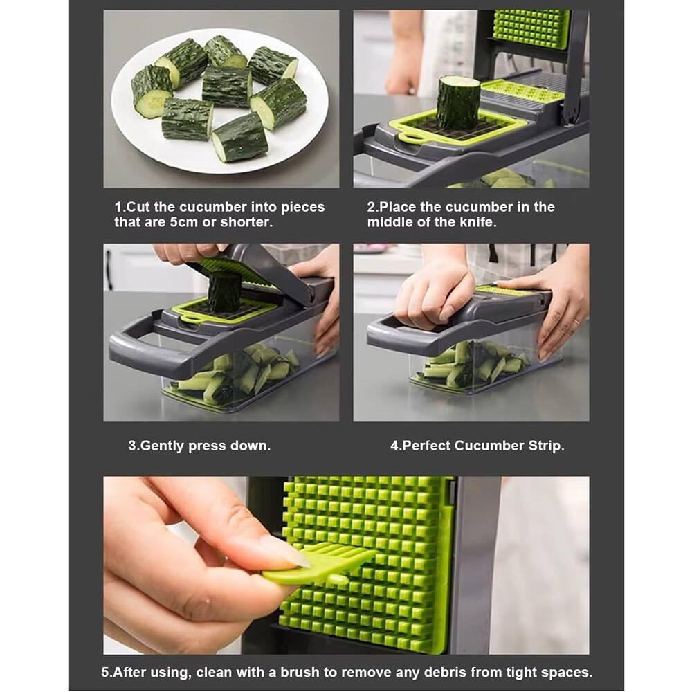 1. Cut the cucumber into pieces that are 5cm or shorter.
2. Place the cucumber in the middle of the knife.
3. Gently press down.
4. Perfect Cucumber Strip.
5. After using, clean with a brush to remove any debris from tight spaces.