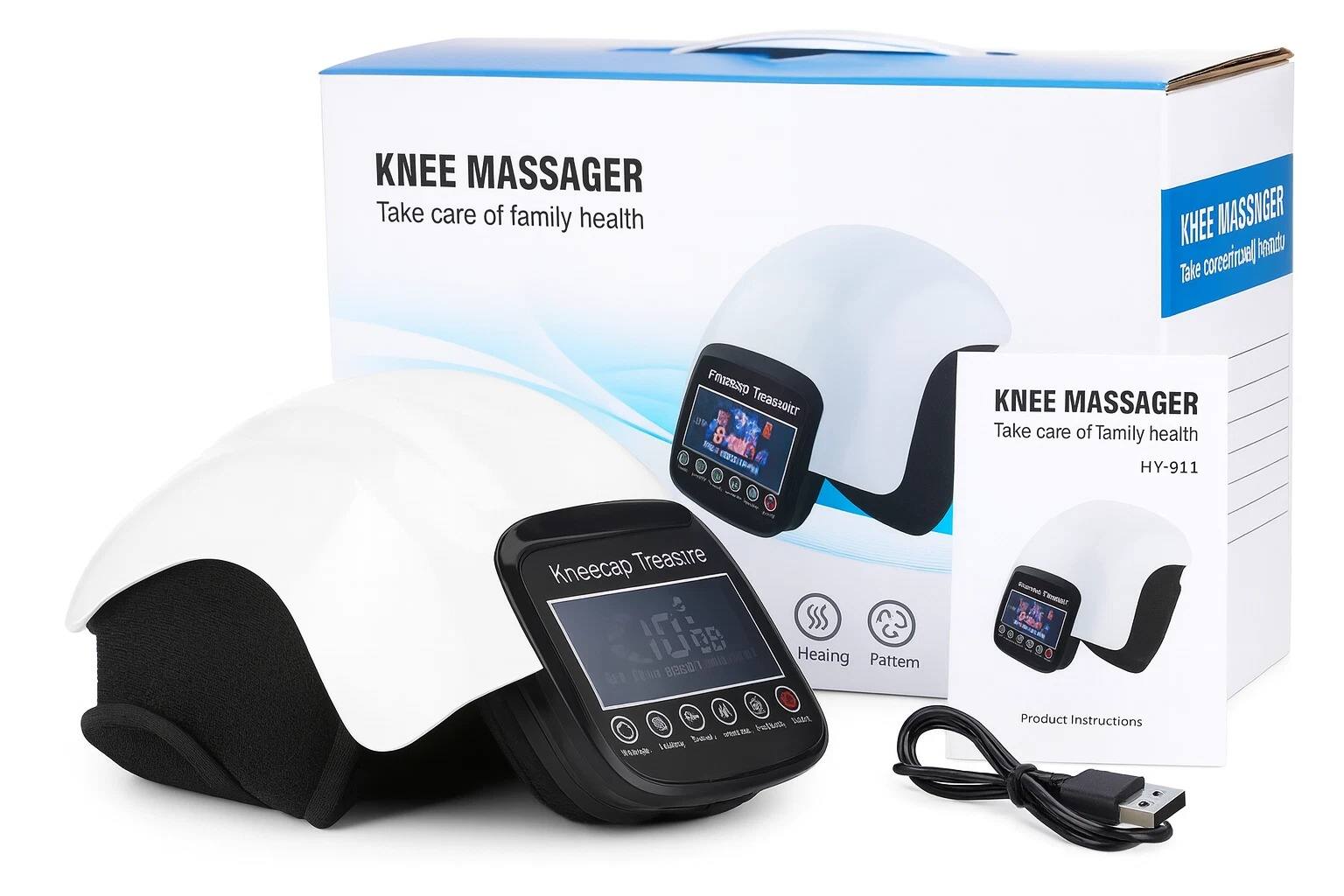 KNEE MASSAGER  
Take care of family health  

KNEE MASSAGER  
Take care of family health  

HY-911  
Kneecap Treasire  
Red Coa  
Dual Heating Pattern  

Product Instructions  

Kneecap Treasire  
Healing Pattern  

Fm2esp Treasire  
8