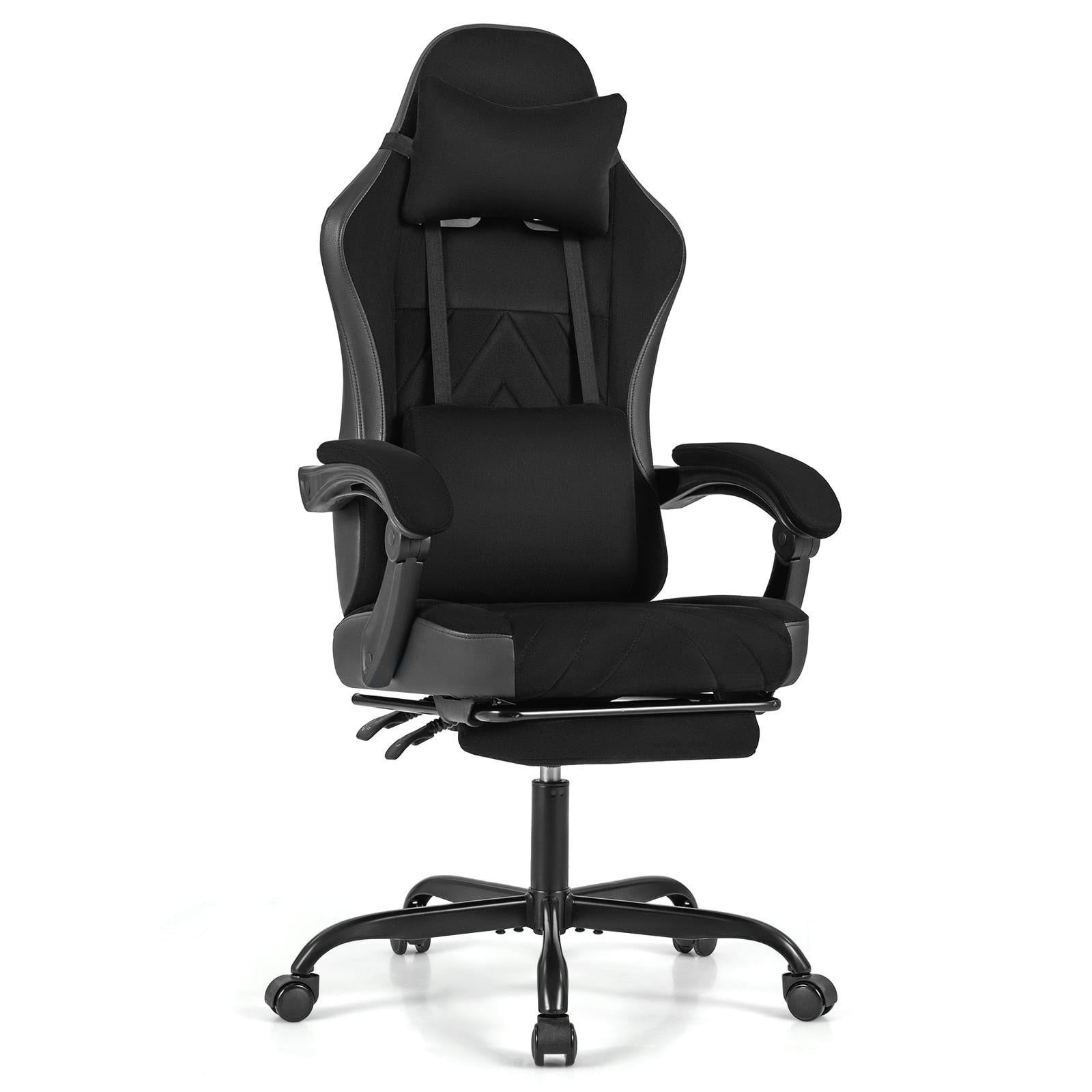 Gymax - Gaming Chair w/Headrest Lumbar Support Linkage Armrests Reclining Backrest - Black