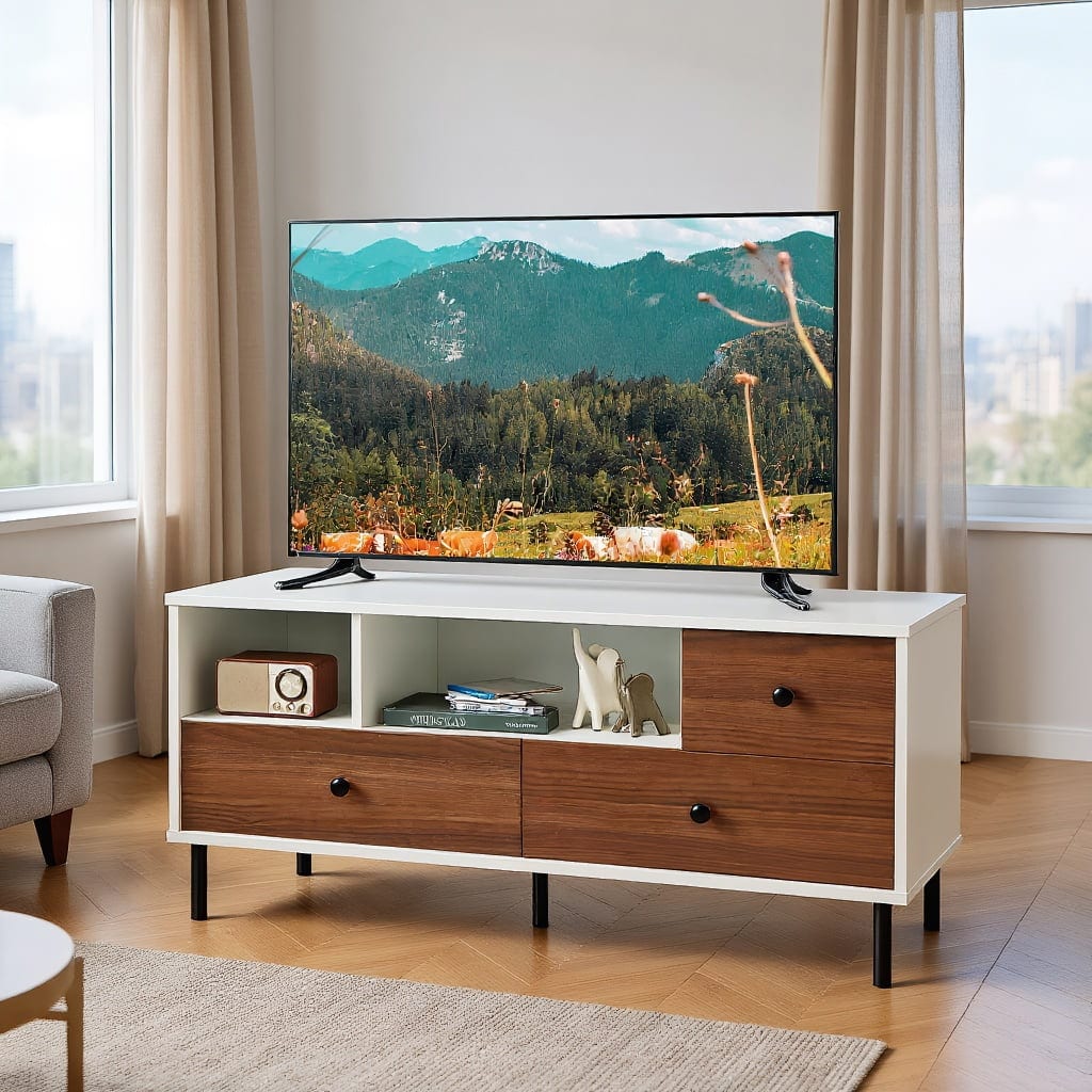 Kadyn - Mid-Century TV Stand for 50-inch TVs with 2 Cubbies and 3 Drawers, Mid Century Modern TV Stand for Living Room Bedroom - White