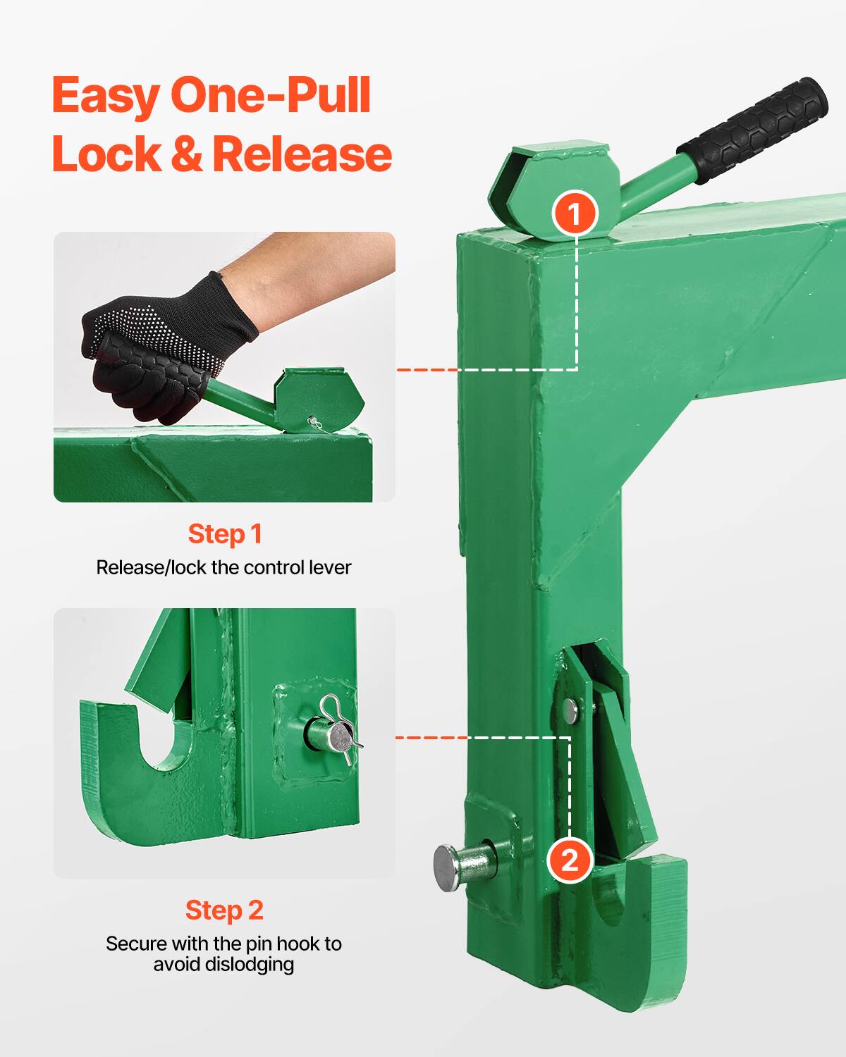 Easy One-Pull Lock & Release

Step 1  
Release/lock the control lever

Step 2  
Secure with the pin hook to avoid dislodging