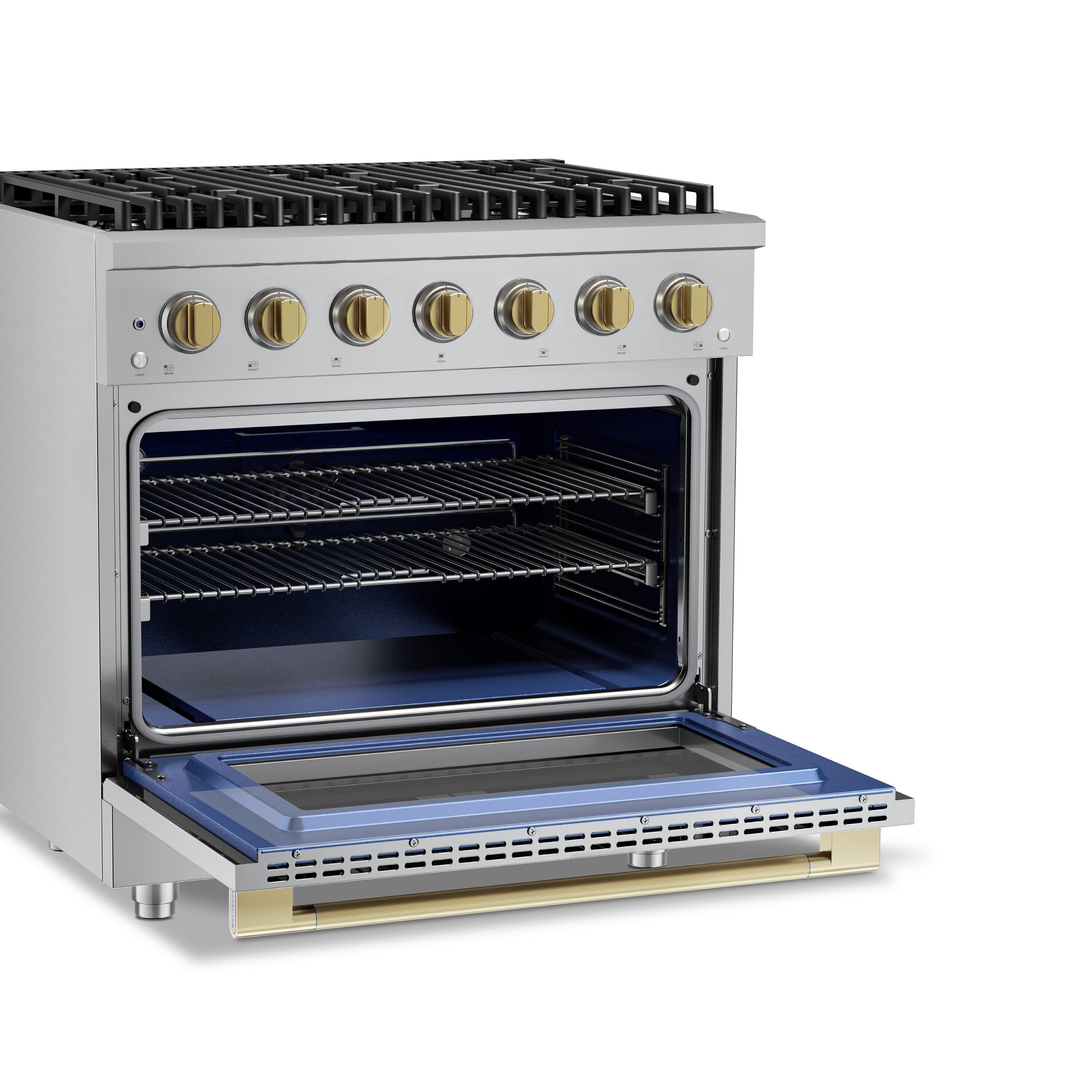 Alt View 3. Hauslane - HausPro 36 in. 6 Burners (20,000 BTU) Freestanding Dual Fuel Range in Stainless Steel with Convection Oven Satin Brass - Satin Brass.