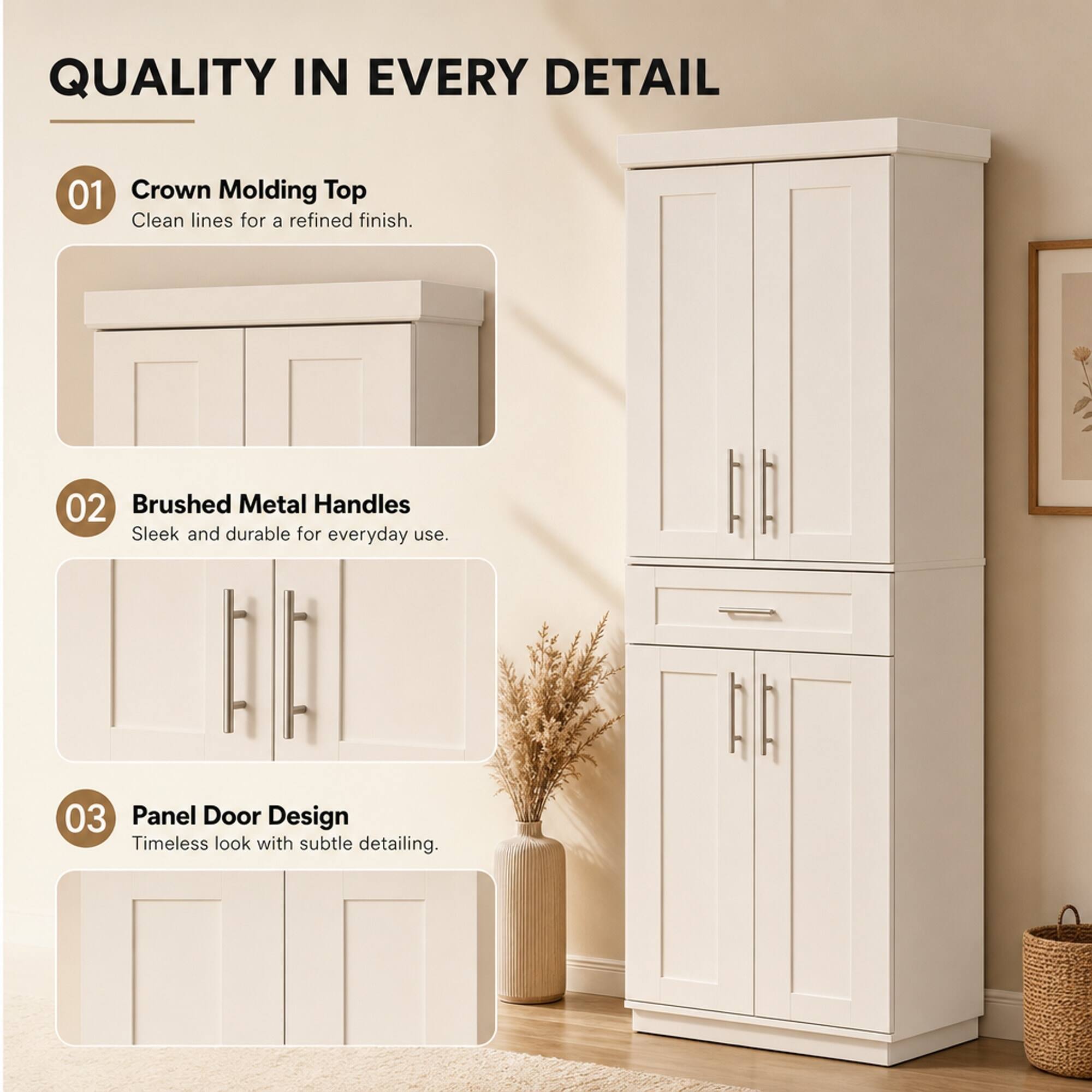 QUALITY IN EVERY DETAIL

01 Crown Molding Top
Clean lines for a refined finish.

02 Brushed Metal Handles
Sleek and durable for everyday use.

03 Panel Door Design
Timeless look with subtle detailing.