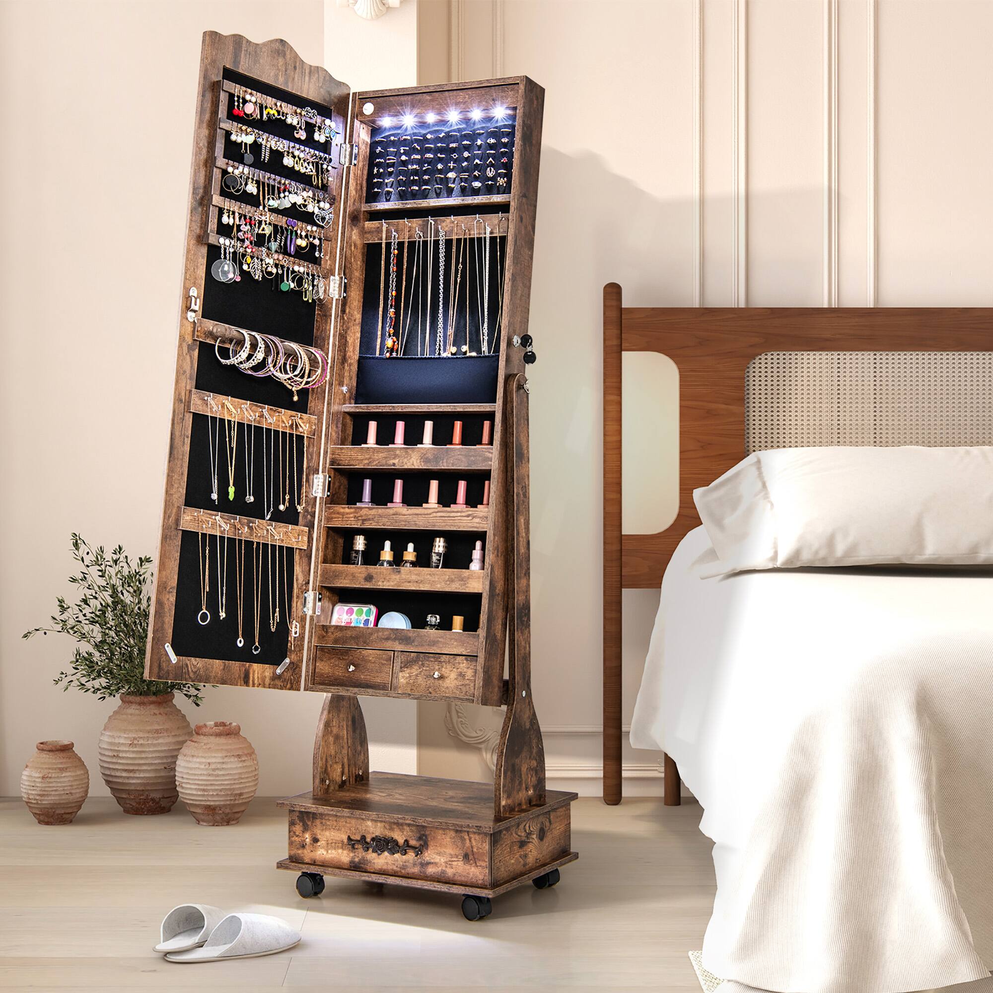 Alt View 1. Gymax - Gymax Armoire Full Length LED Mirror Lockable Rolling Jewelry Cabinet W/ Drawer - Coffee.