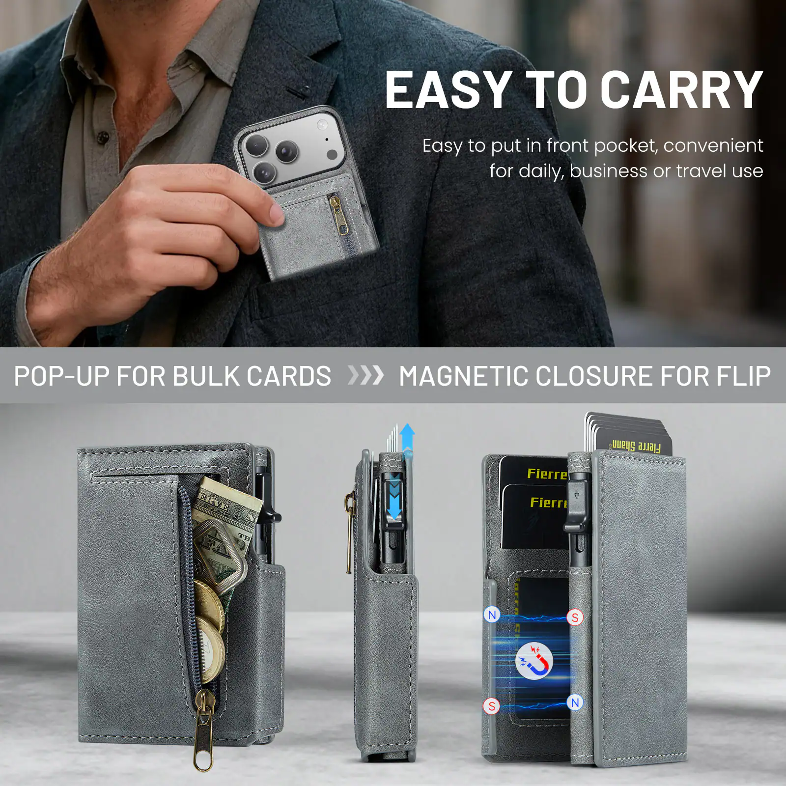 EASY TO CARRY  
Easy to put in front pocket, convenient for daily, business or travel use  

POP-UP FOR BULK CARDS >>>  
MAGNETIC CLOSURE FOR FLIP  

Shann Fierre  
EIEVE Fierre