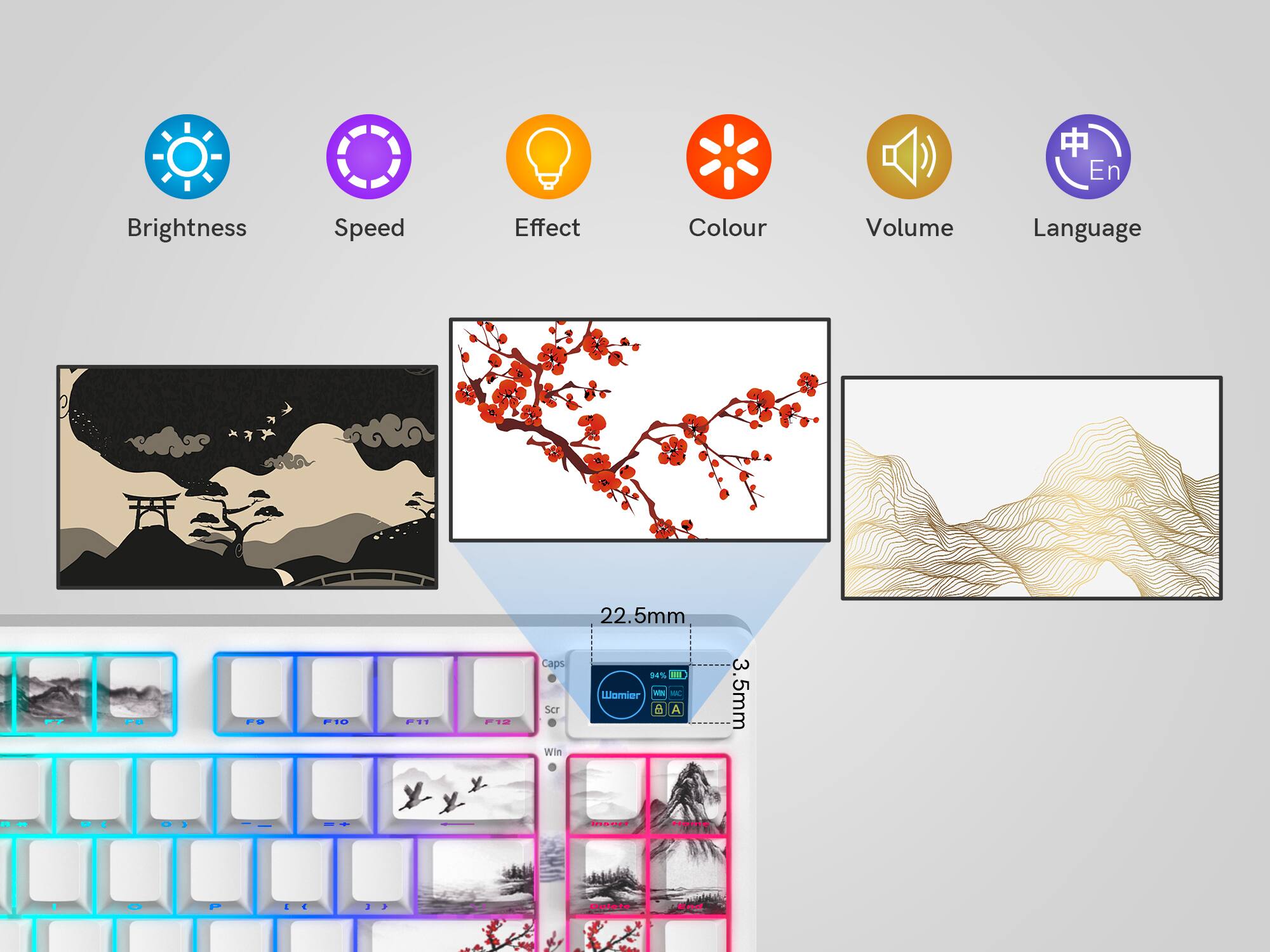 Brightness  
Speed  
Effect  
Colour  
Volume  
Language  

A  
T  

7  
.I0  
P1  
F10  
Caps  
Scr  
Win  

22.5mm  
1%  

1  
Womier  
We  

3.5mm  
sacid  
PRmE  
petete