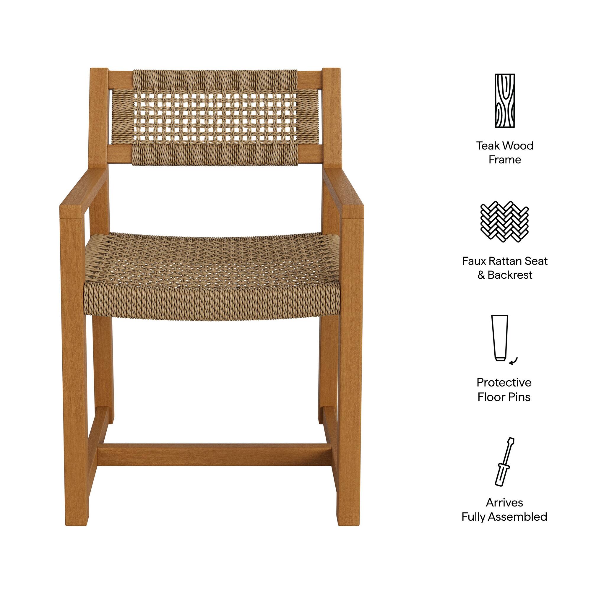 Teak Wood Frame Faux Rattan Seat & Backrest Protective Floor Pins Arrives Fully Assembled