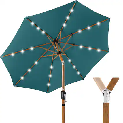 Front. Best Choice Products - Best Choice Products 10ft Solar LED Lighted Outdoor Woodgrain Pattern Steel Market Patio Umbrella - Cerulean - Cerulean - Woodgrain Finish.
