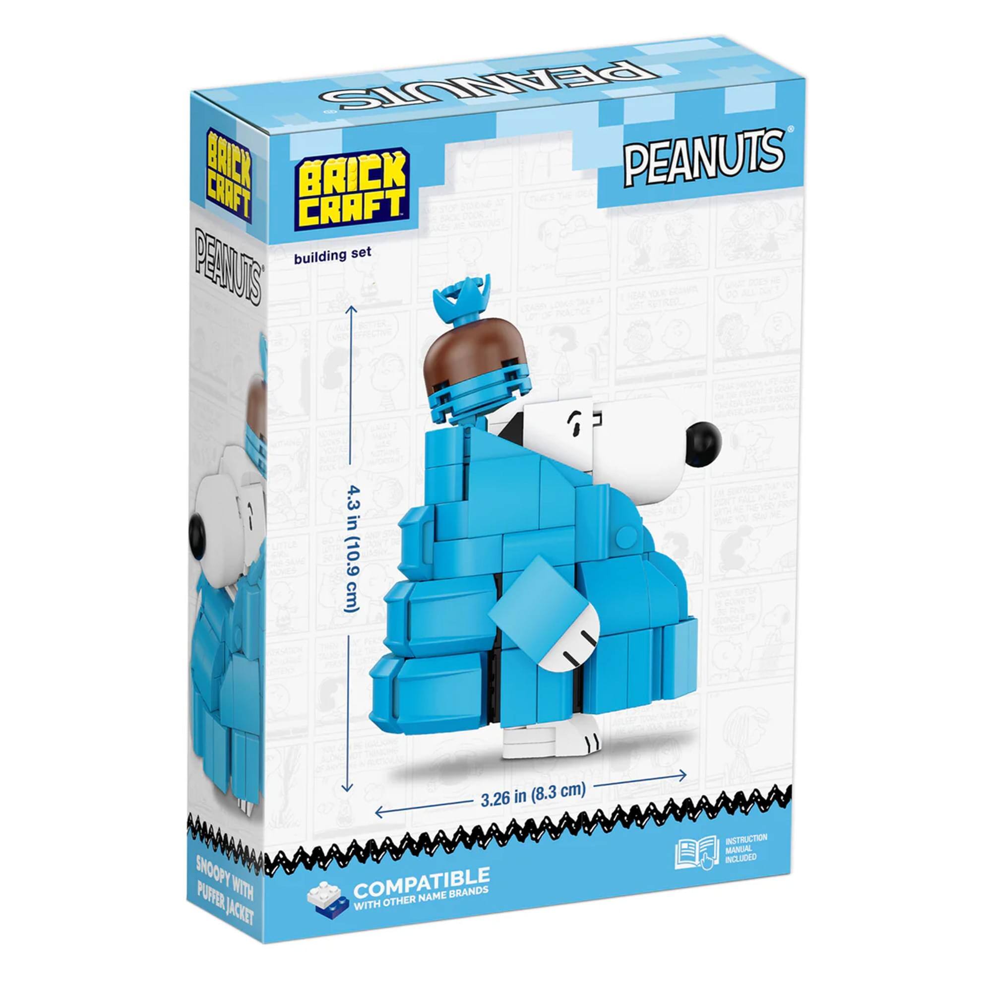 PEANUTS BRICK CRAFT building set  
4.3 in (10.9 cm) x 3.26 in (8.3 cm)  
SNOOPY WITH PUFFER JACKET  
COMPATIBLE WITH OTHER NAME BRANDS
