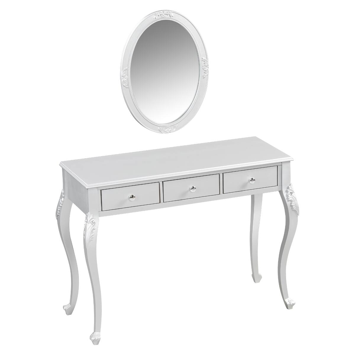 Alt View 3. Loheer - Loheer Silver Makeup Vanity Table with Large Oval Mirror and Three Drawers - Silver.