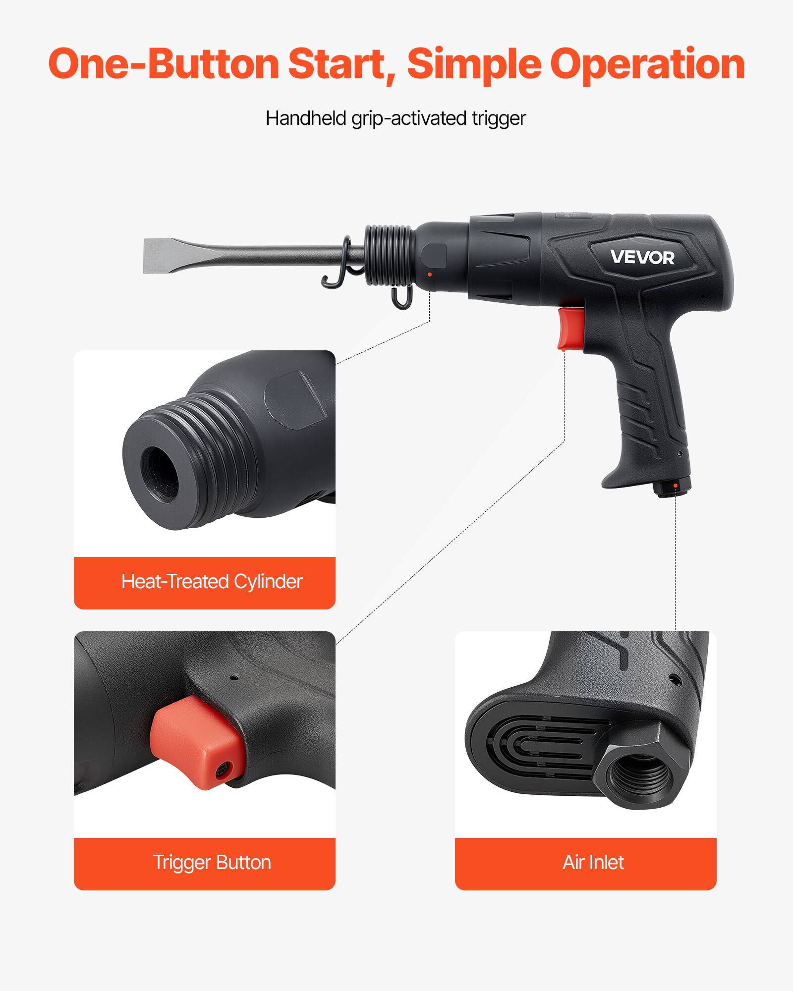 One-Button Start, Simple Operation  
Handheld grip-activated trigger  

- Heat-Treated Cylinder  
- Trigger Button  
- Air Inlet