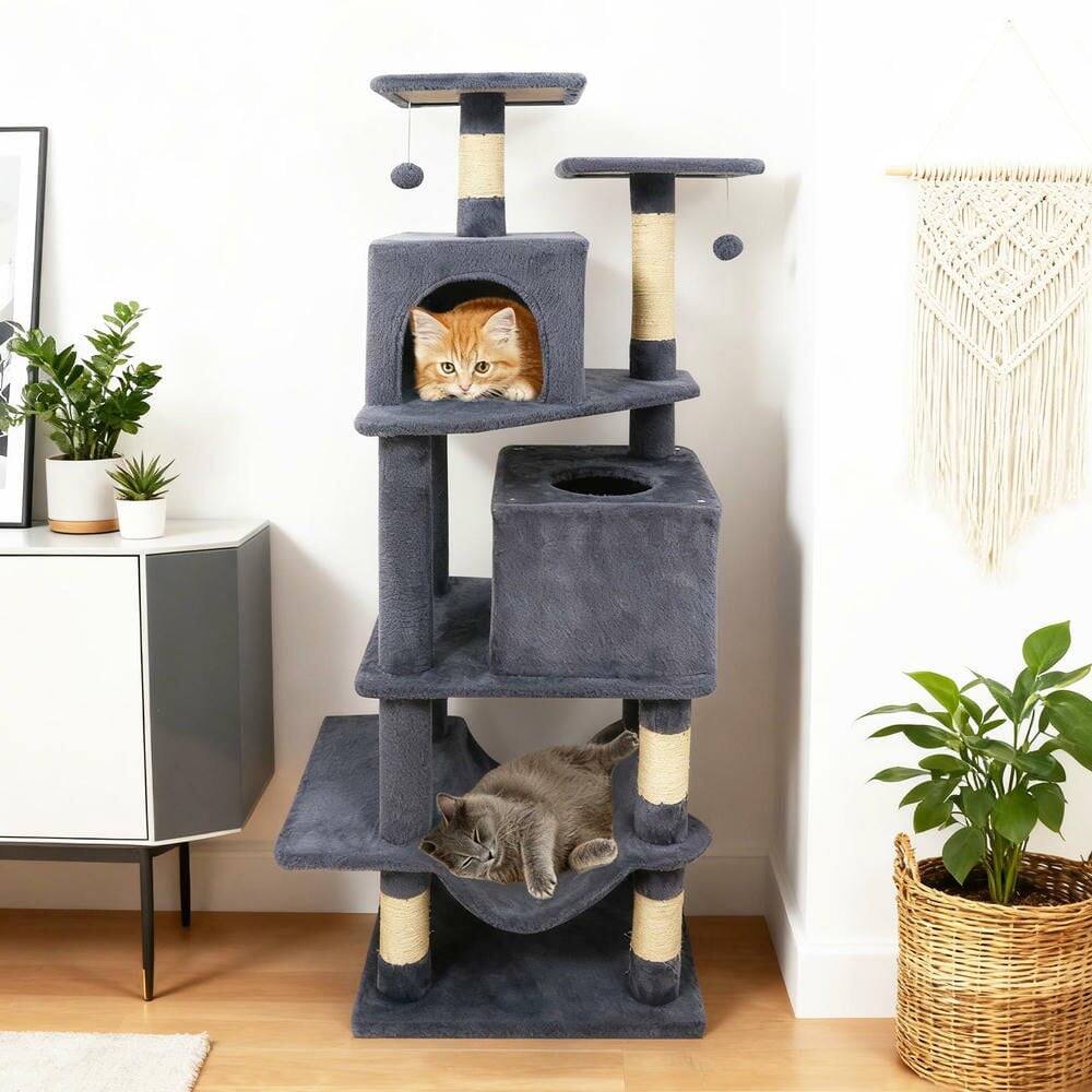 Back. Kadyn - 57-Inch Cat Tree with Two Condos, Hammock, and Dangling Toys, Gray - Gray.