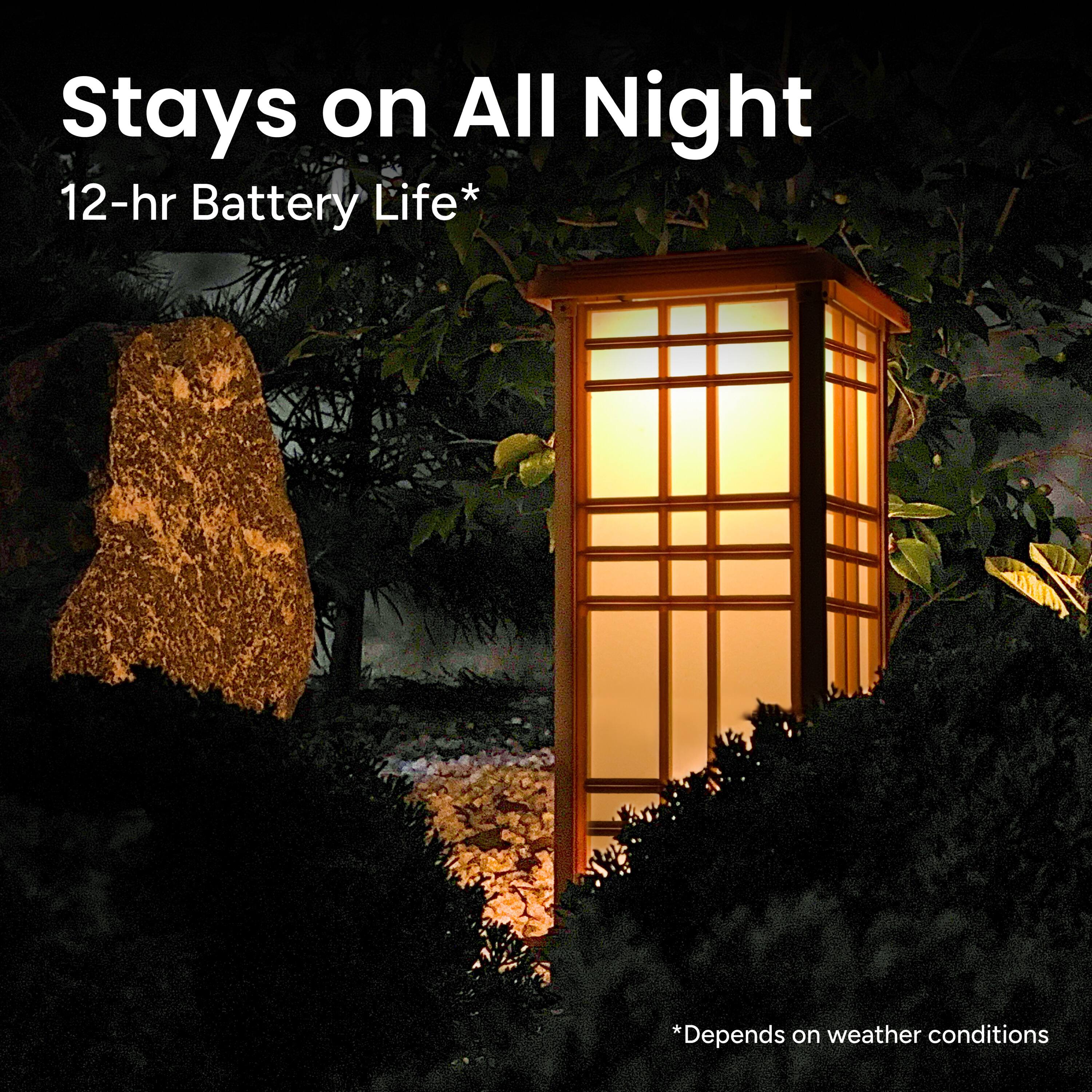Stays on All Night
12-hr Battery Life*
*Depends on weather conditions
