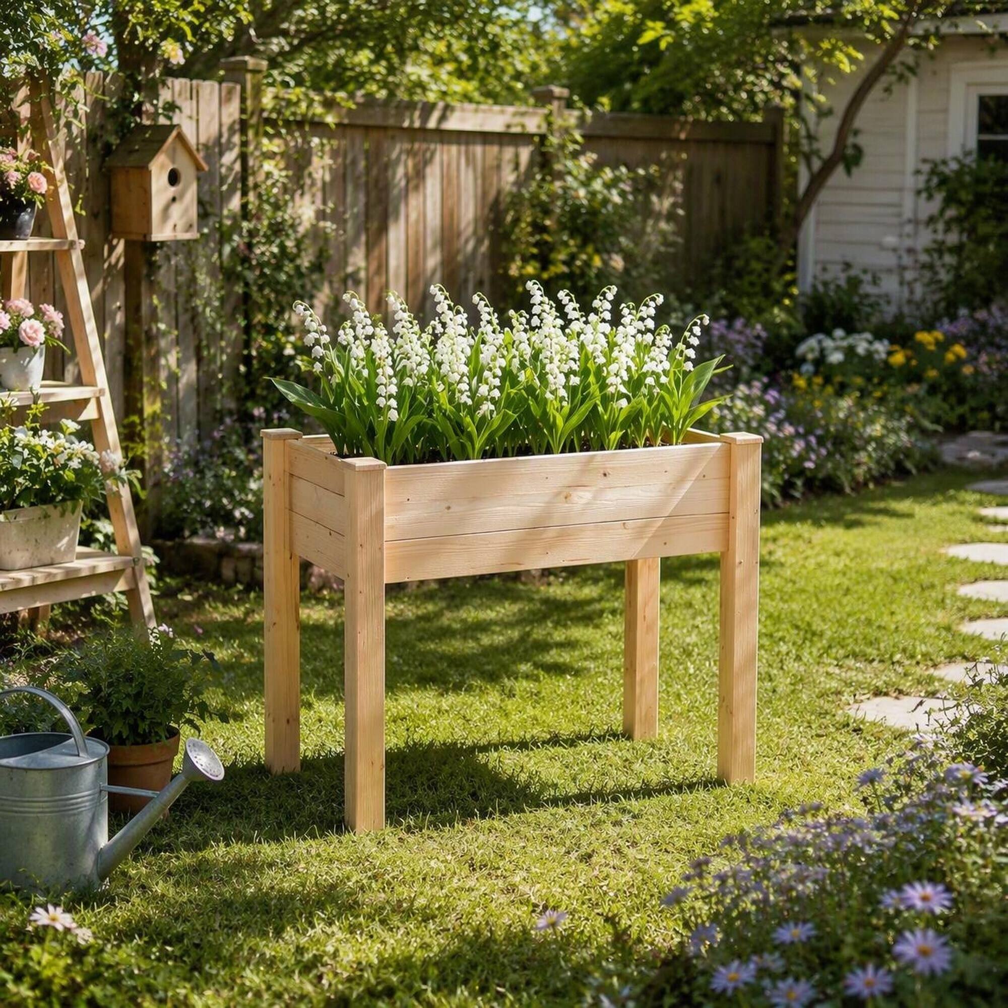 Alt View 2. RYHNUYNE - Raised Wooden Planter Box on Legs for Vegetables and Flowers, Natural Fir Garden Bed with Self-Draining Slats - Natural Wood.