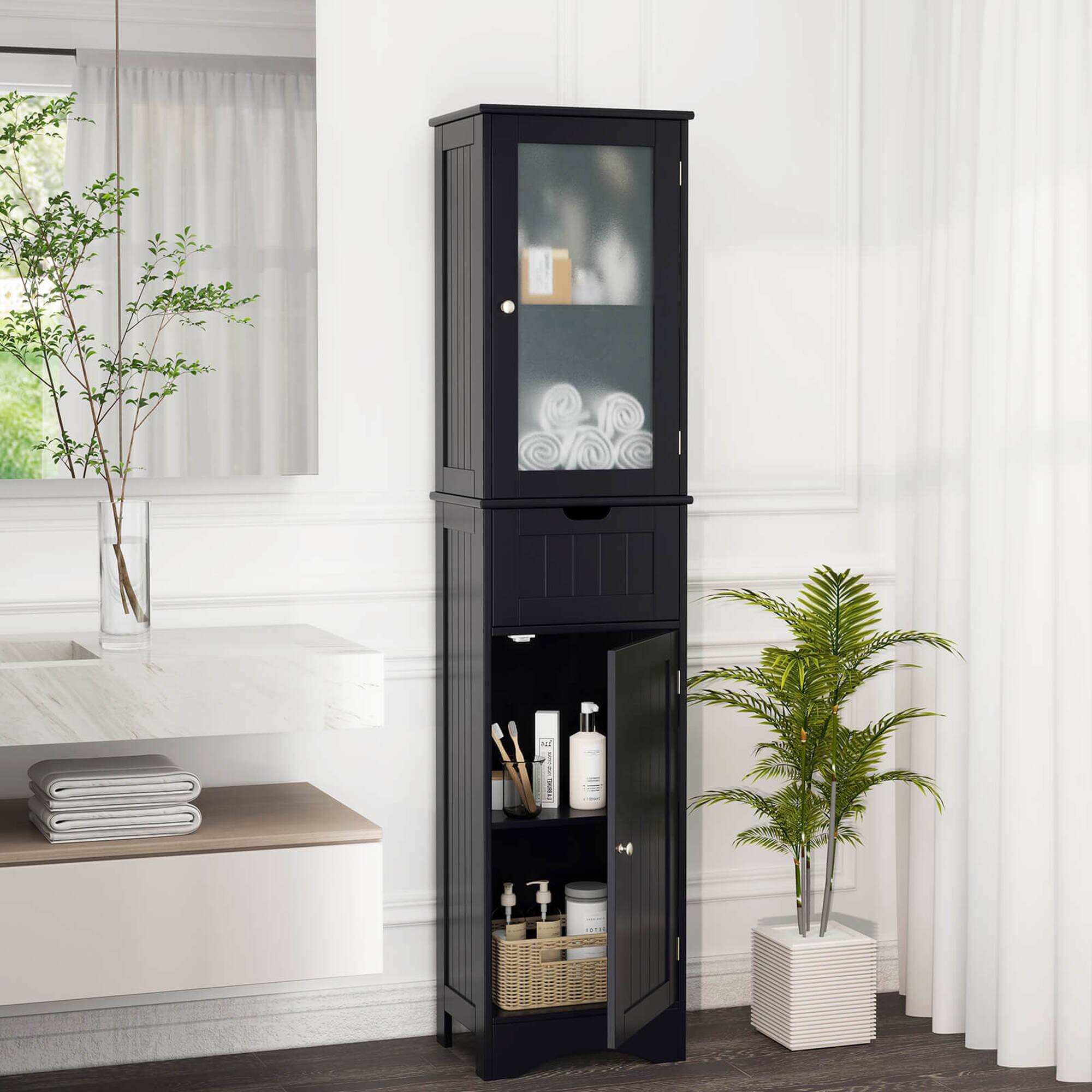 Alt View 4. Costway - Costway Tall Bathroom Cabinet with Adjustable Shelves Deep Drawer for Living Room - Black.