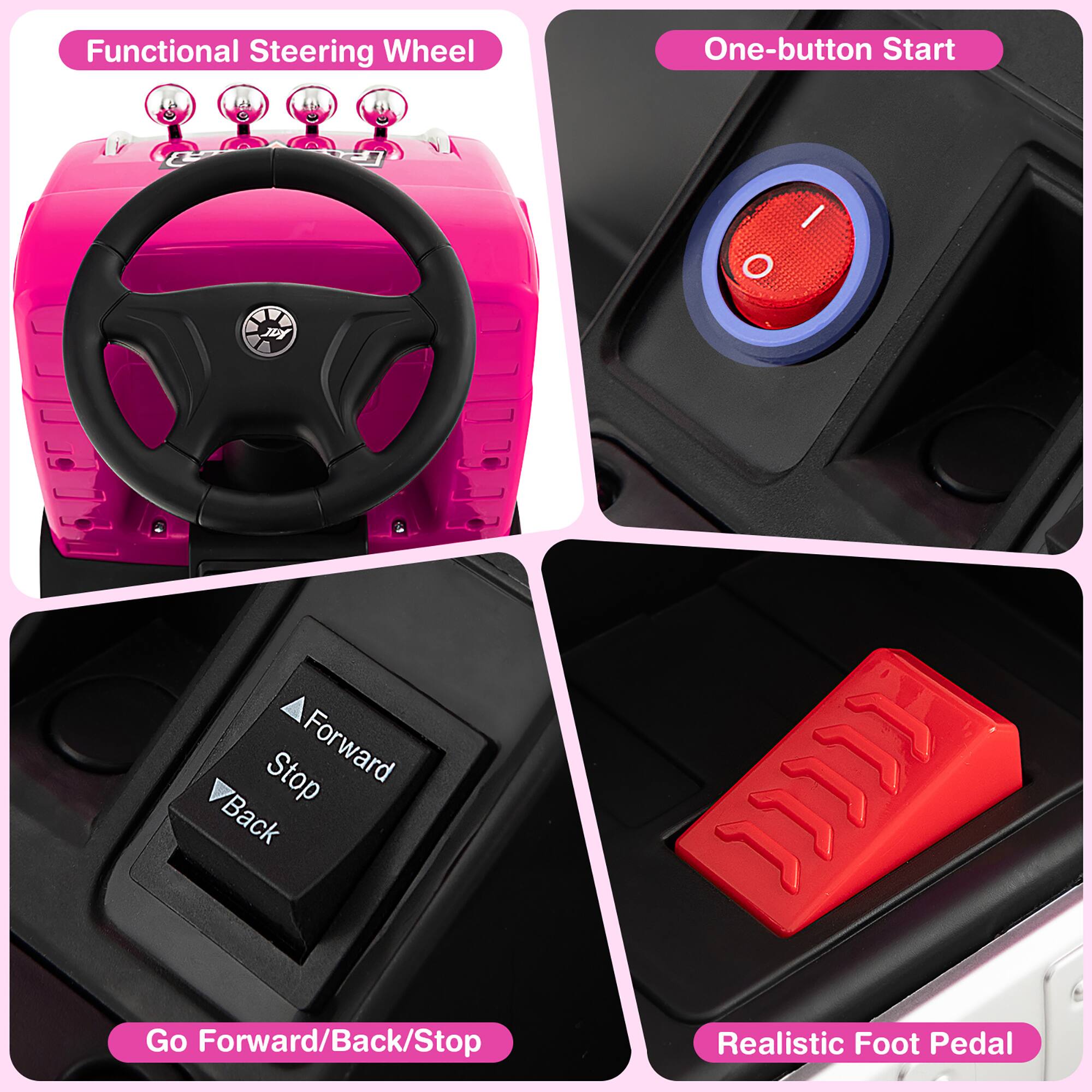 - Functional Steering Wheel
- One-button Start
- Go Forward/Back/Stop
- Realistic Foot Pedal
