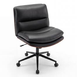 Gymax - Armless Office Chair w/Wheels Curved Backrest Padded Seat Smooth Faux Leather - Black
