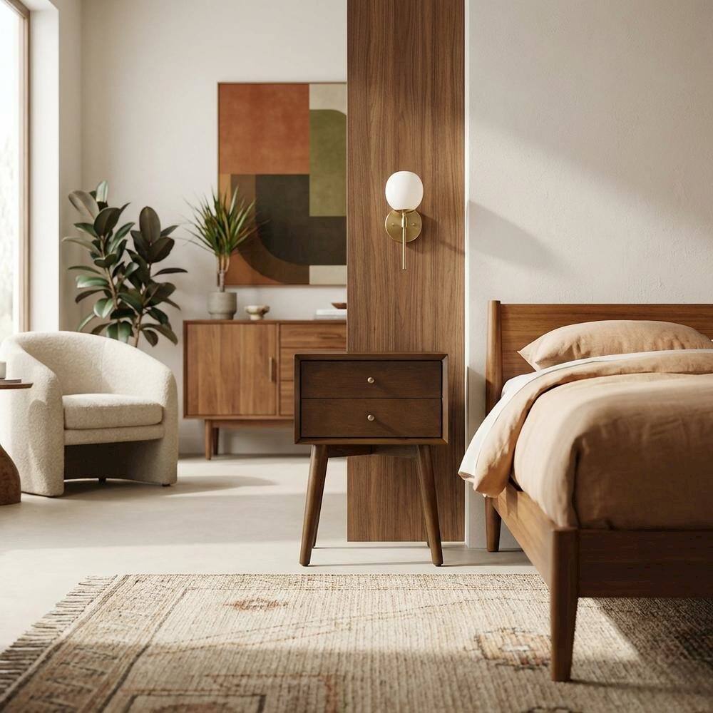 Alt View 3. FurniFact - Nightstand in MDF and Solid Poplar Wood with Veneer Finish for Bedroom Storage - Mahogany.