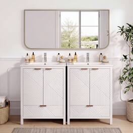 Loheer - 4.04 ft Bathroom Vanity Set with Double Ceramic Sinks, Soft Close Doors and Drawer for Bath - White