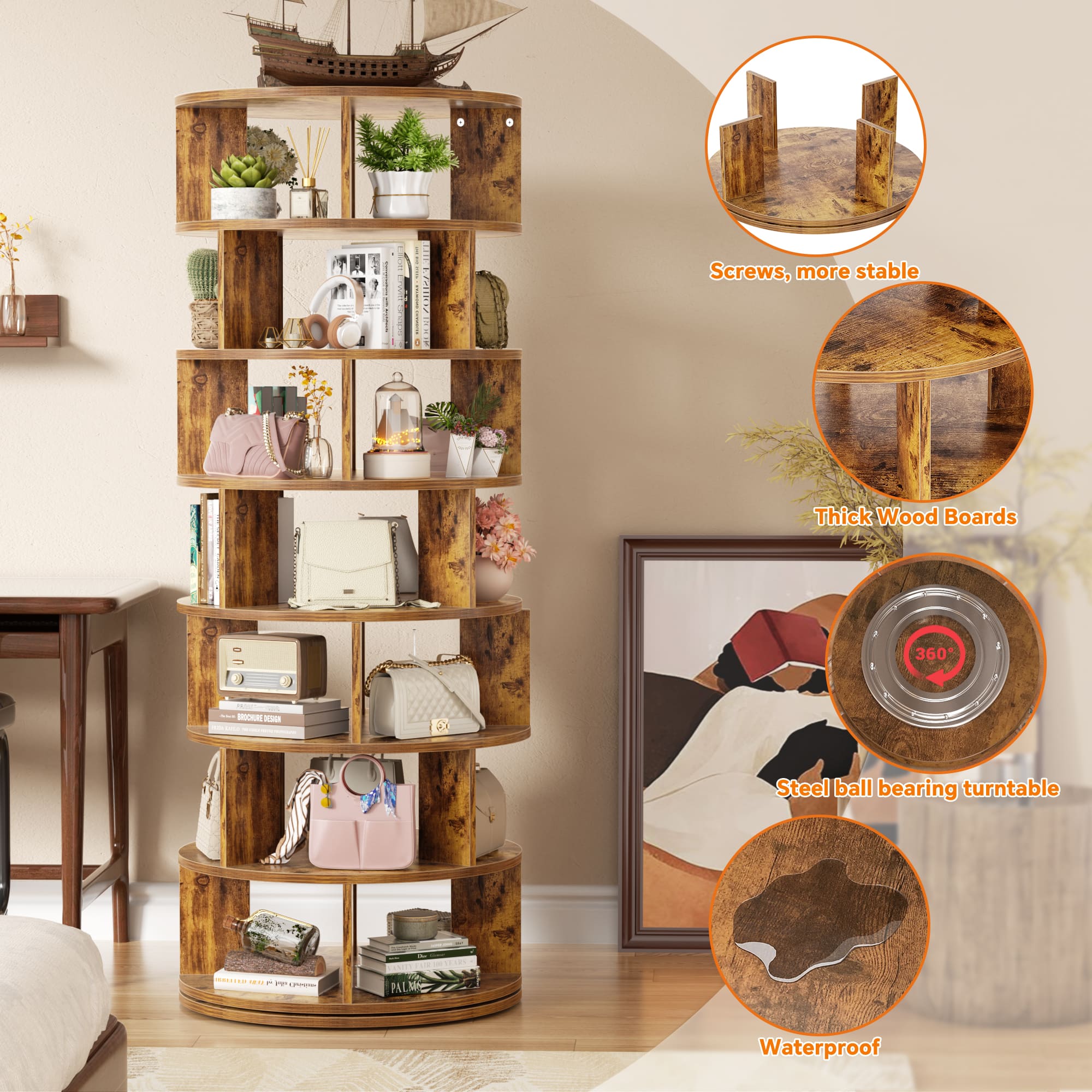 Aheaplus 7 Tier 360° Rotating Shoe Rack Tower Vertical MDF