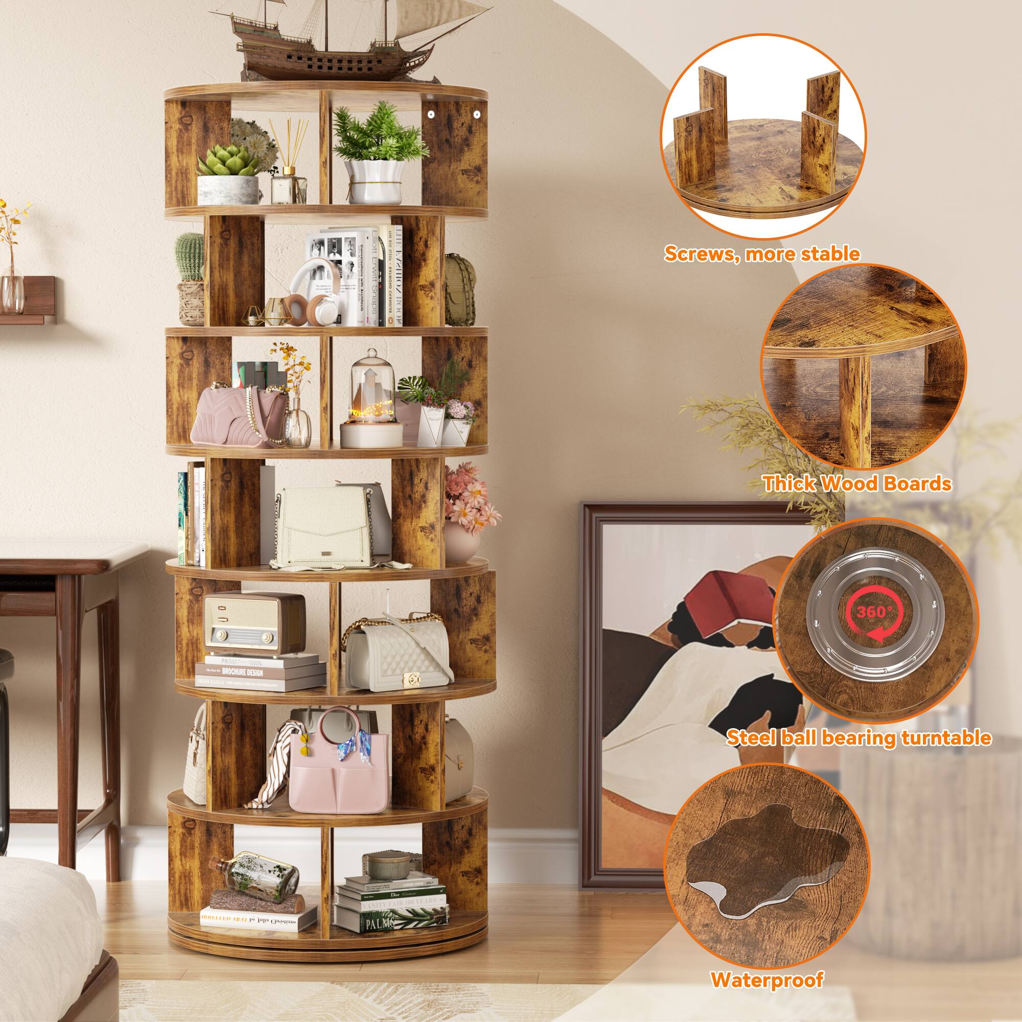 - Screws, more stable
- Thick Wood Boards
- Steel ball bearing turntable
- Waterproof