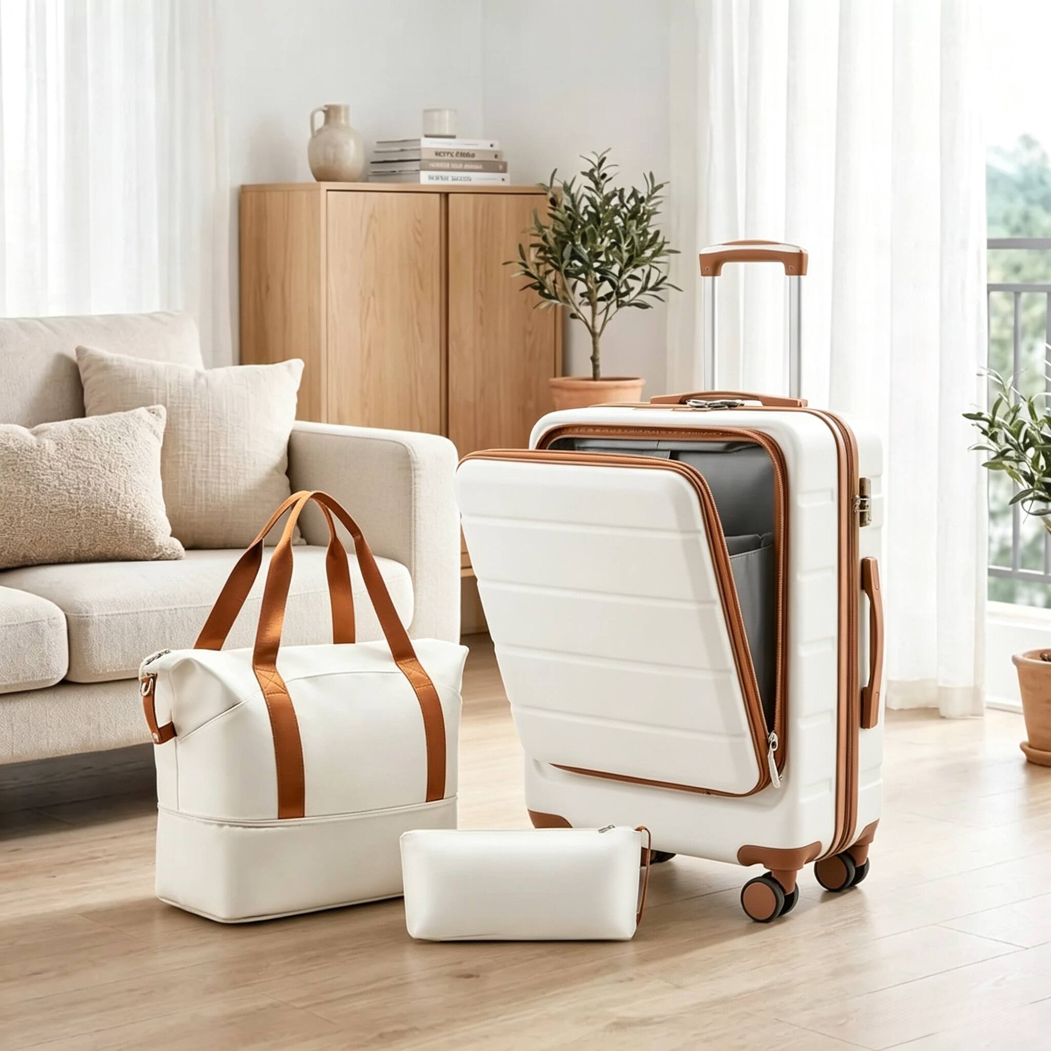 Angle. LUGGEX - LUGGEX 3 Piece Sets Carry On Airline Approved Front Opening Luggage with TSA-Approved Lock - FX-Lite - White.
