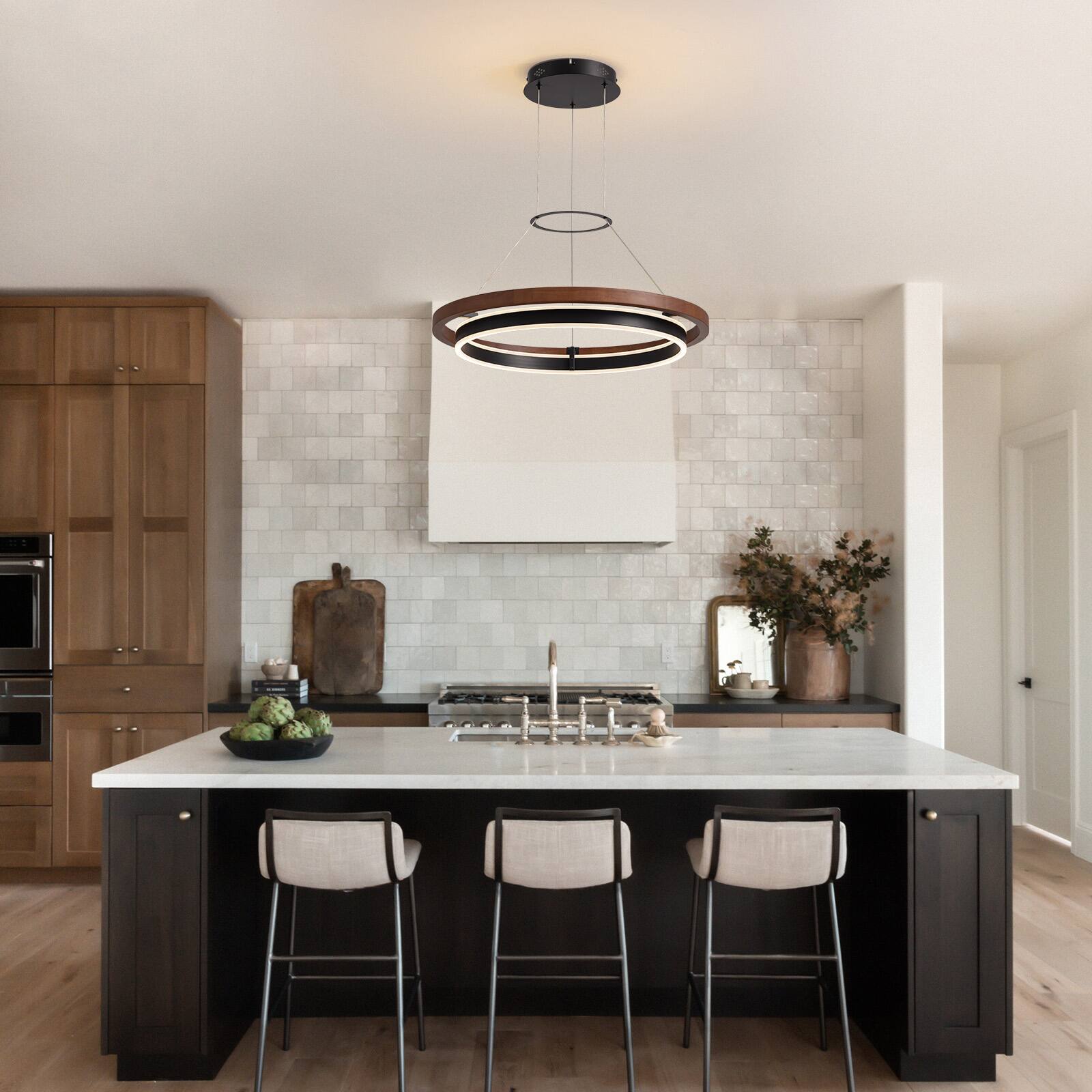 Angle. Siljoy - 23.6 Inch Double Ring LED Pendant Light, Modern Wood Grain Nordic Chandelier for Living Room Dining Bedroom - Brown.