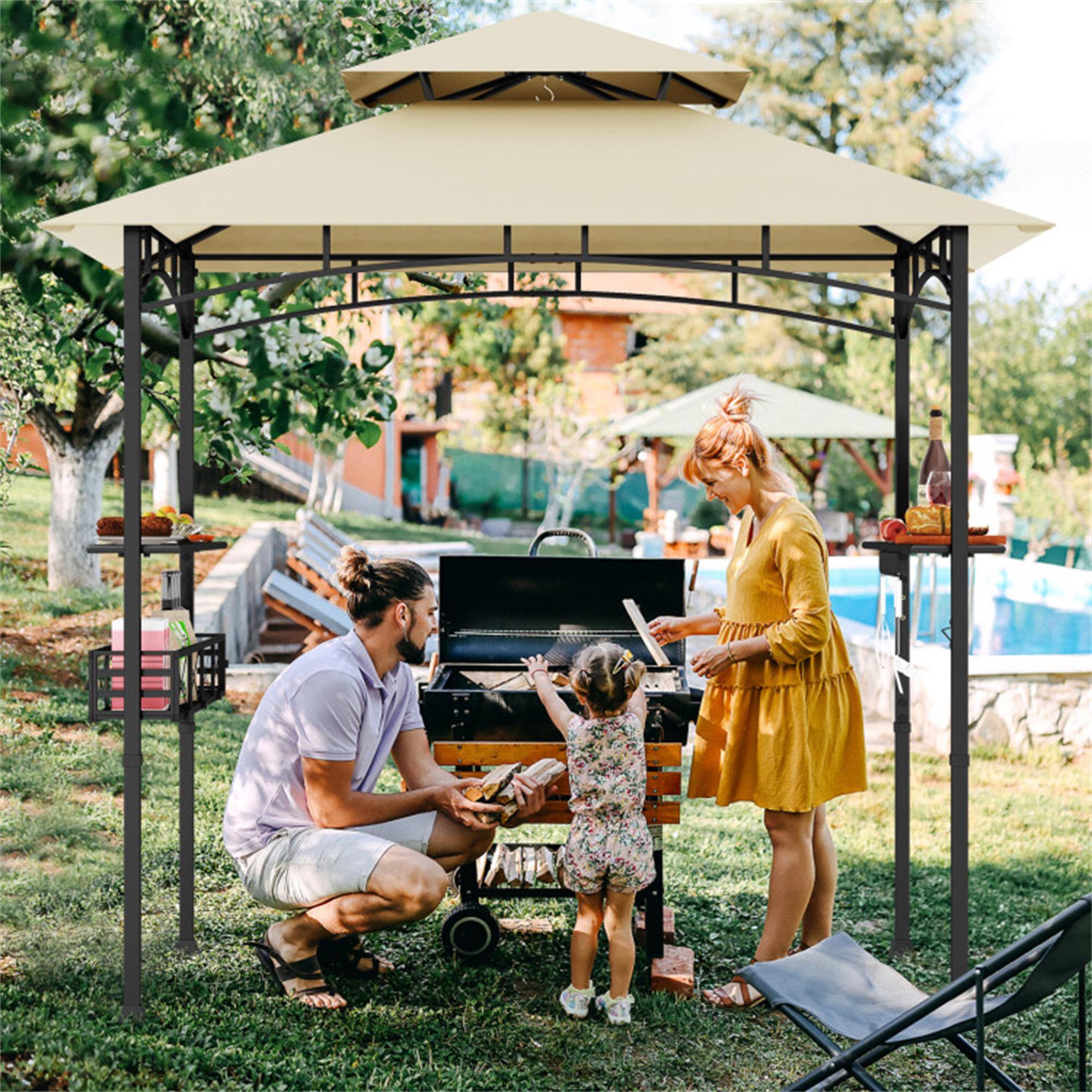 Alt View 3. Boyel Living - Beige 98.4-in L x 96-in W x 60-in H Outdoor Grill Gazebo with Side Shelves and Hanging Hooks Model BL-HYA1862BE.