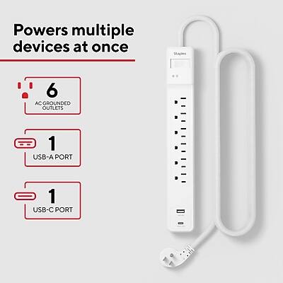 Powers multiple devices at once

- 6 AC GROUNDED OUTLETS
- 1 USB-A PORT
- 1 USB-C PORT