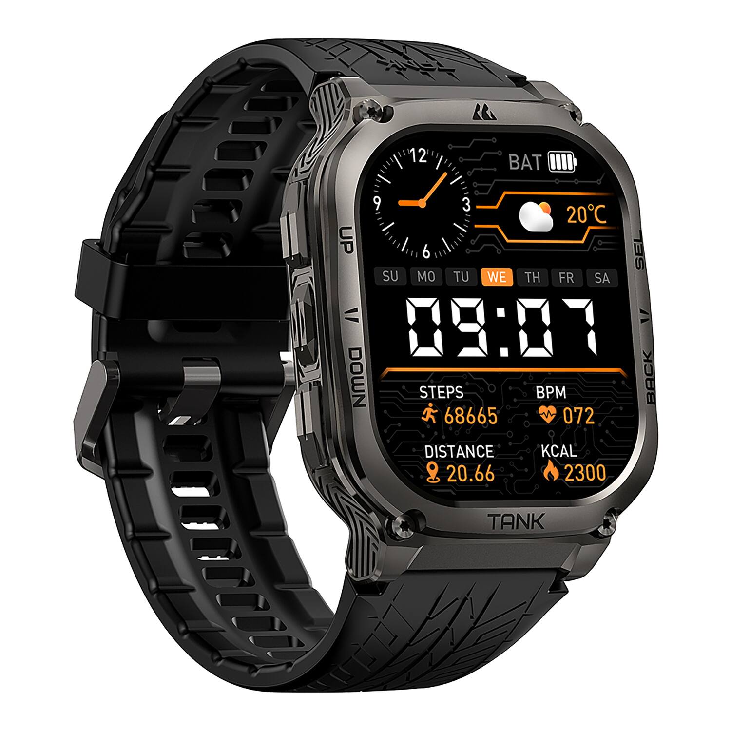 12 BAT 9 3 20C UP 6 SEL S SU MO TU WE TH FR SA V/ 09:07 DOWN STEPS BPM BACK K 68665 072 DISTANCE KCAL 2 20.66 2300 TANK