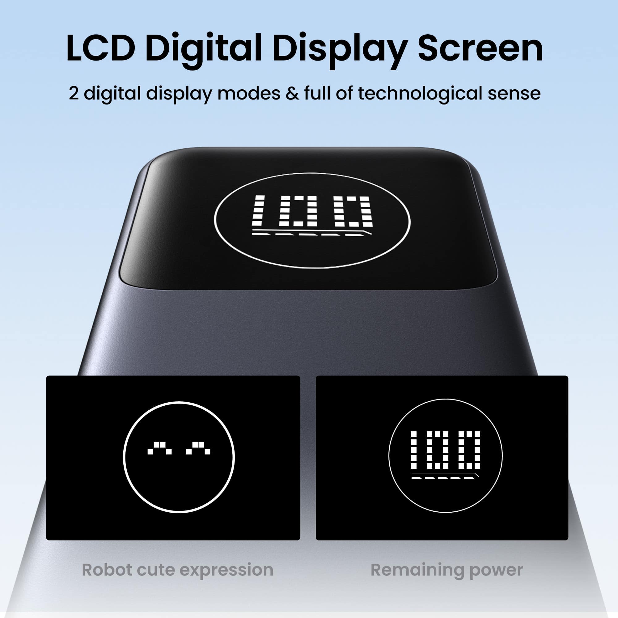 LCD Digital Display Screen: 2 digital display modes & full of technological sense. Robot cute expression. Remaining power.