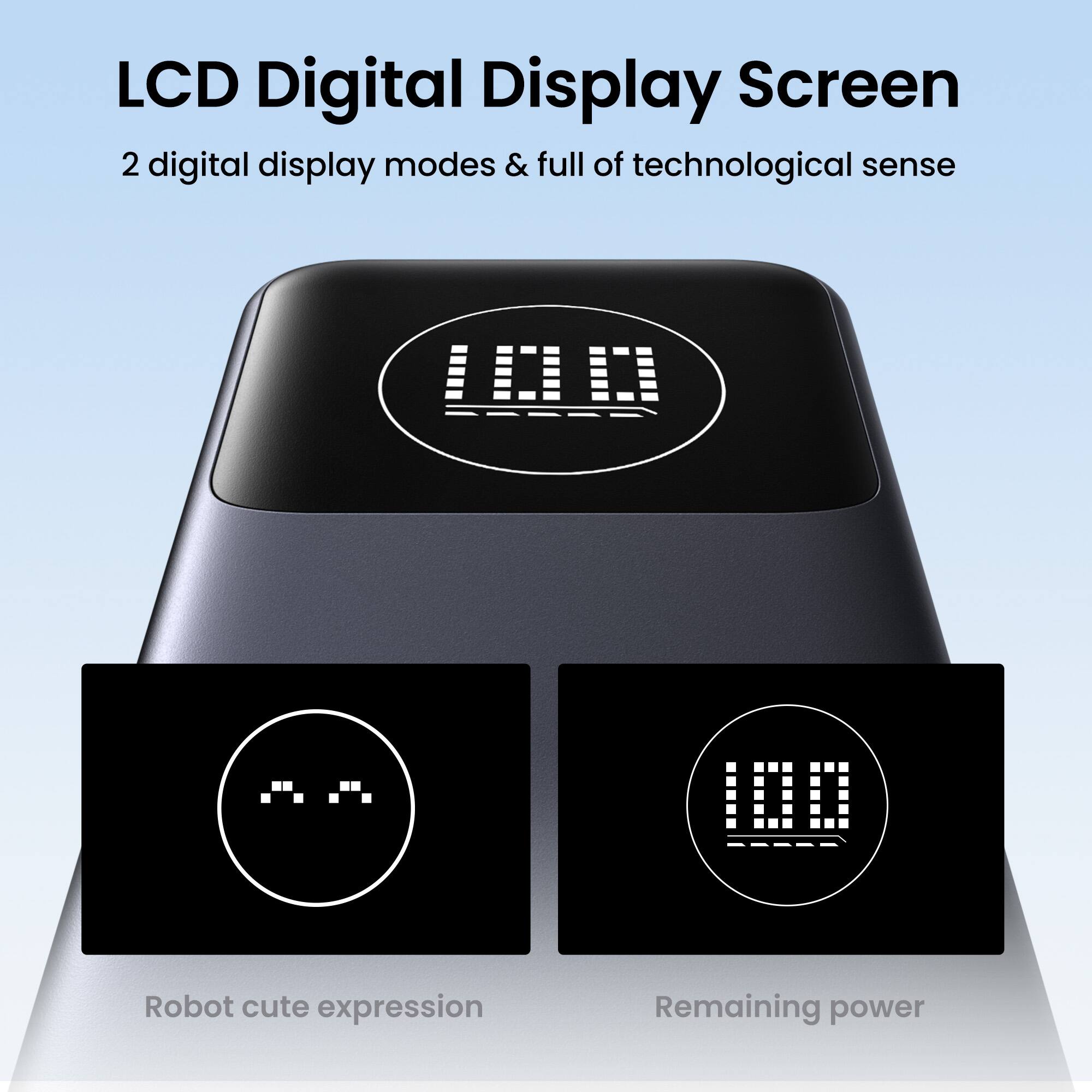 LCD Digital Display Screen: 2 digital display modes & full of technological sense. Robot cute expression. Remaining power.