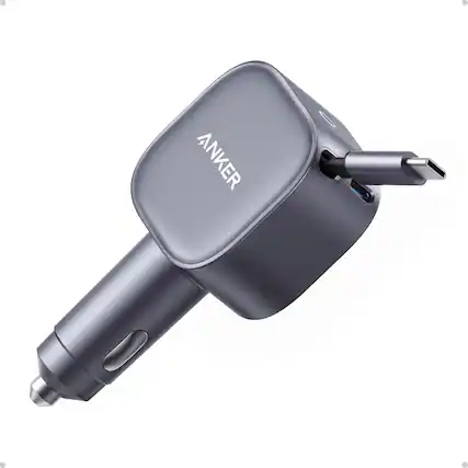 Front. Anker - USB-C Car Charger with Built-in Retractable USB-C Cable - Gray.