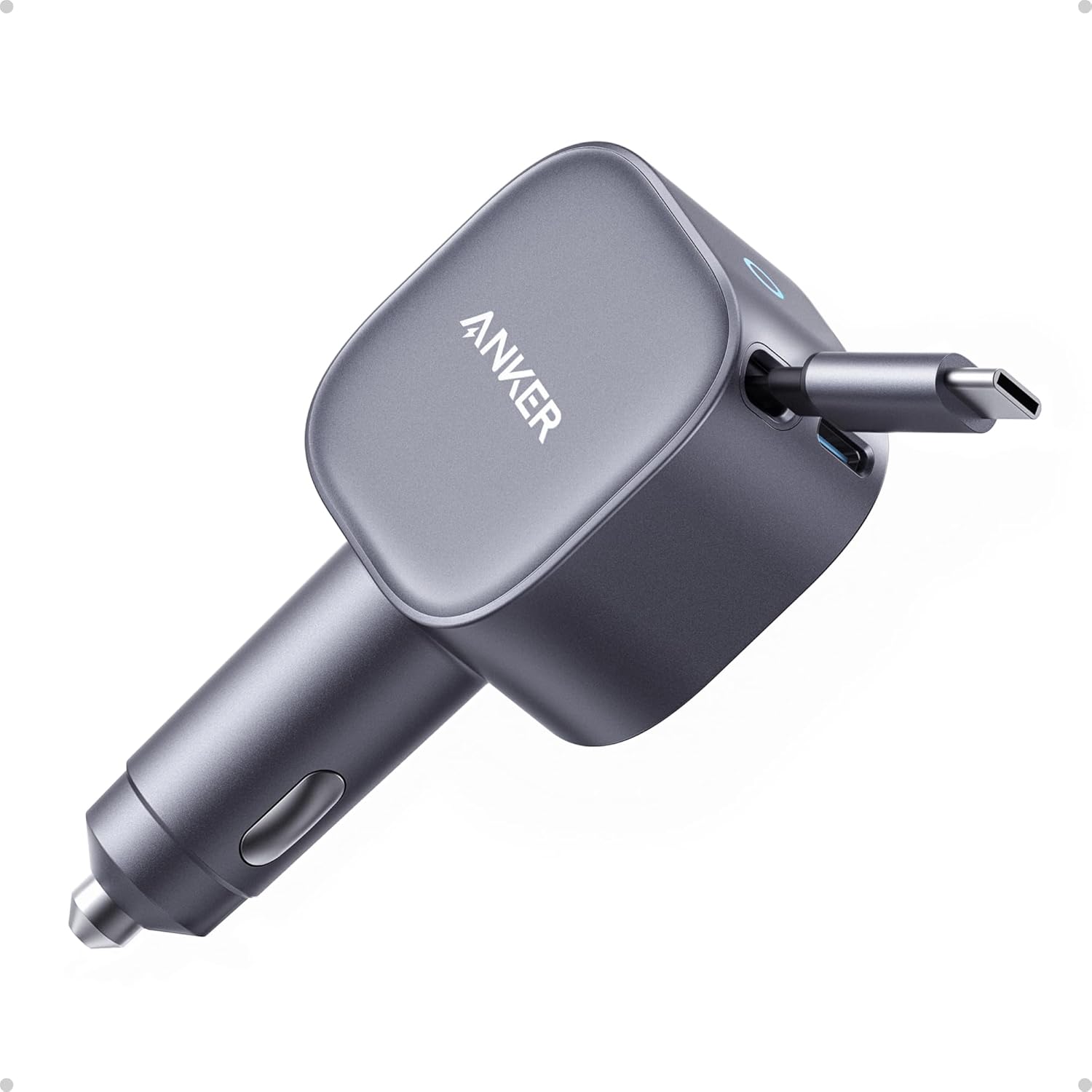 Anker - USB-C Car Charger with Built-in Retractable USB-C Cable - Gray