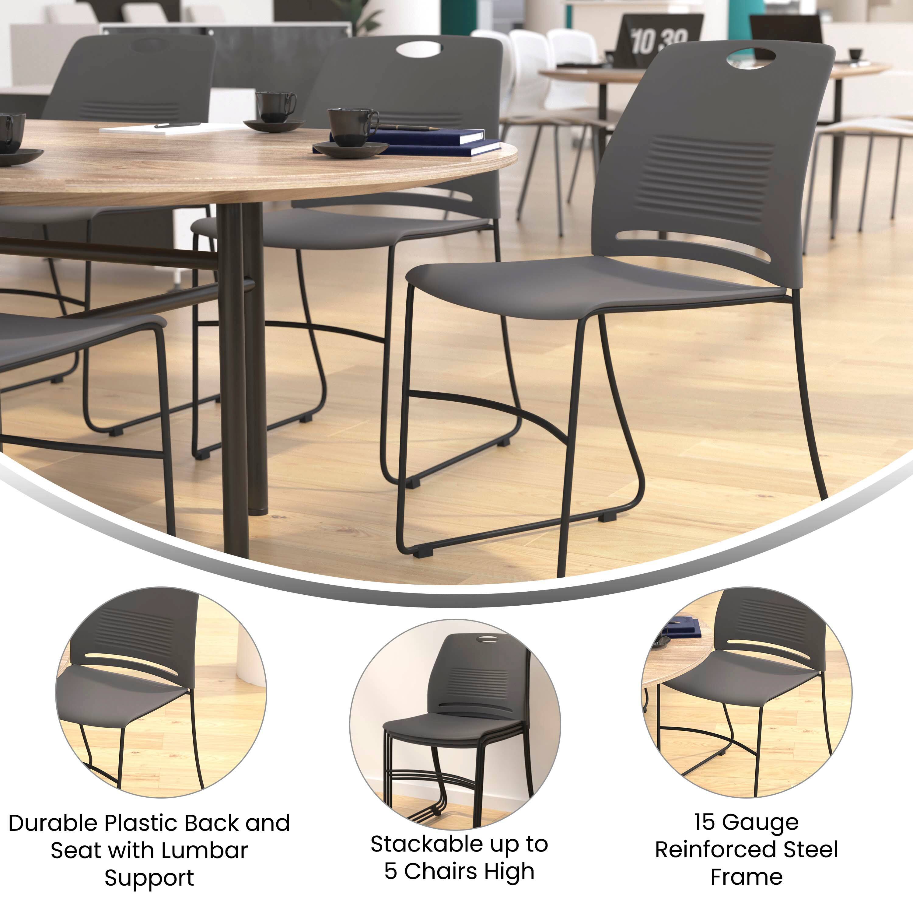 10.30 Durable Plastic Back and Seat with Lumbar Support  
Stackable up to 5 Chairs High  
15 Gauge Reinforced Steel Frame