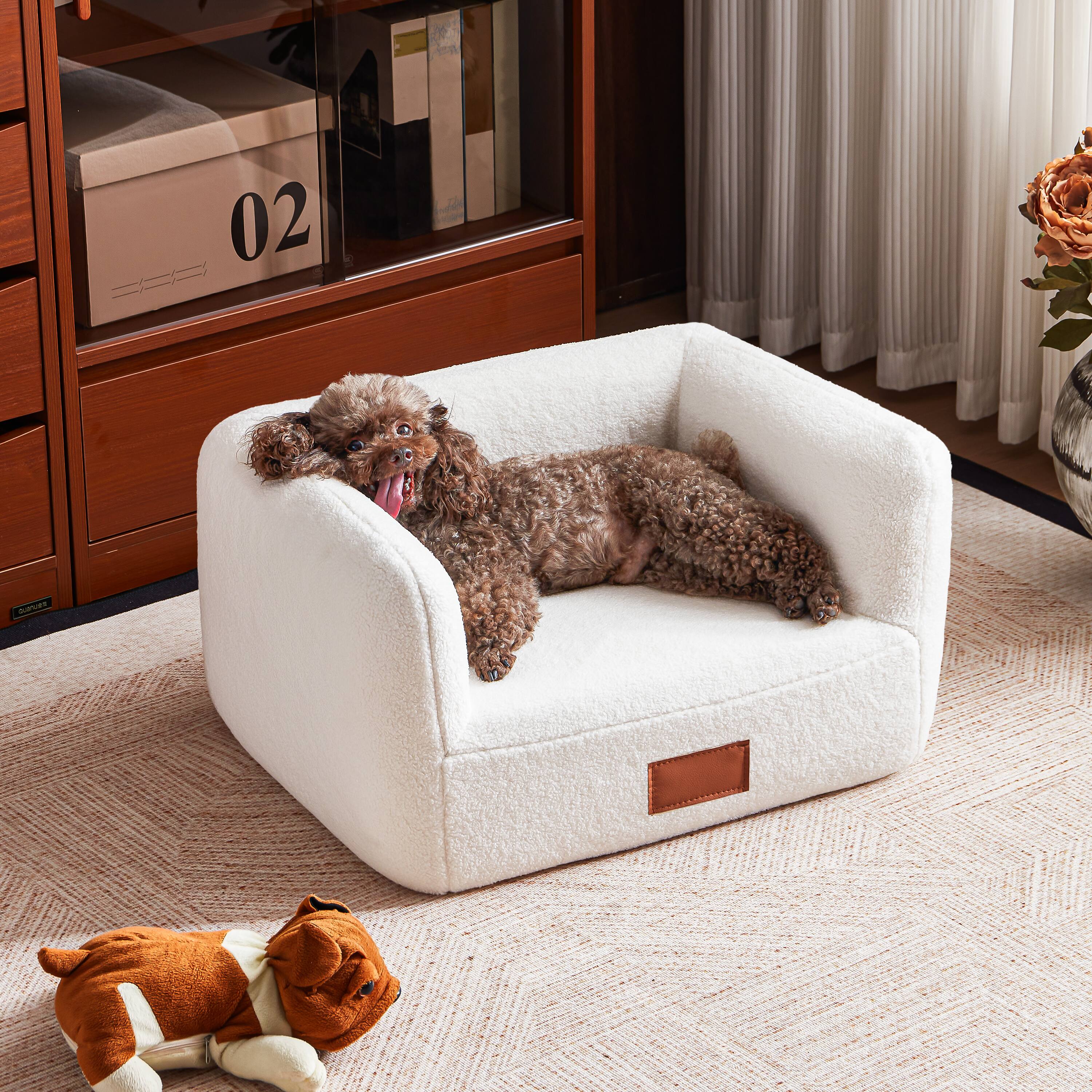 Alt View 2. MSOOB - 25.6 Inch Faux Shearling Dog Bed Pet Sofa With Leather Nameplate, White Modern Elegant Dog Couch Furniture - White.
