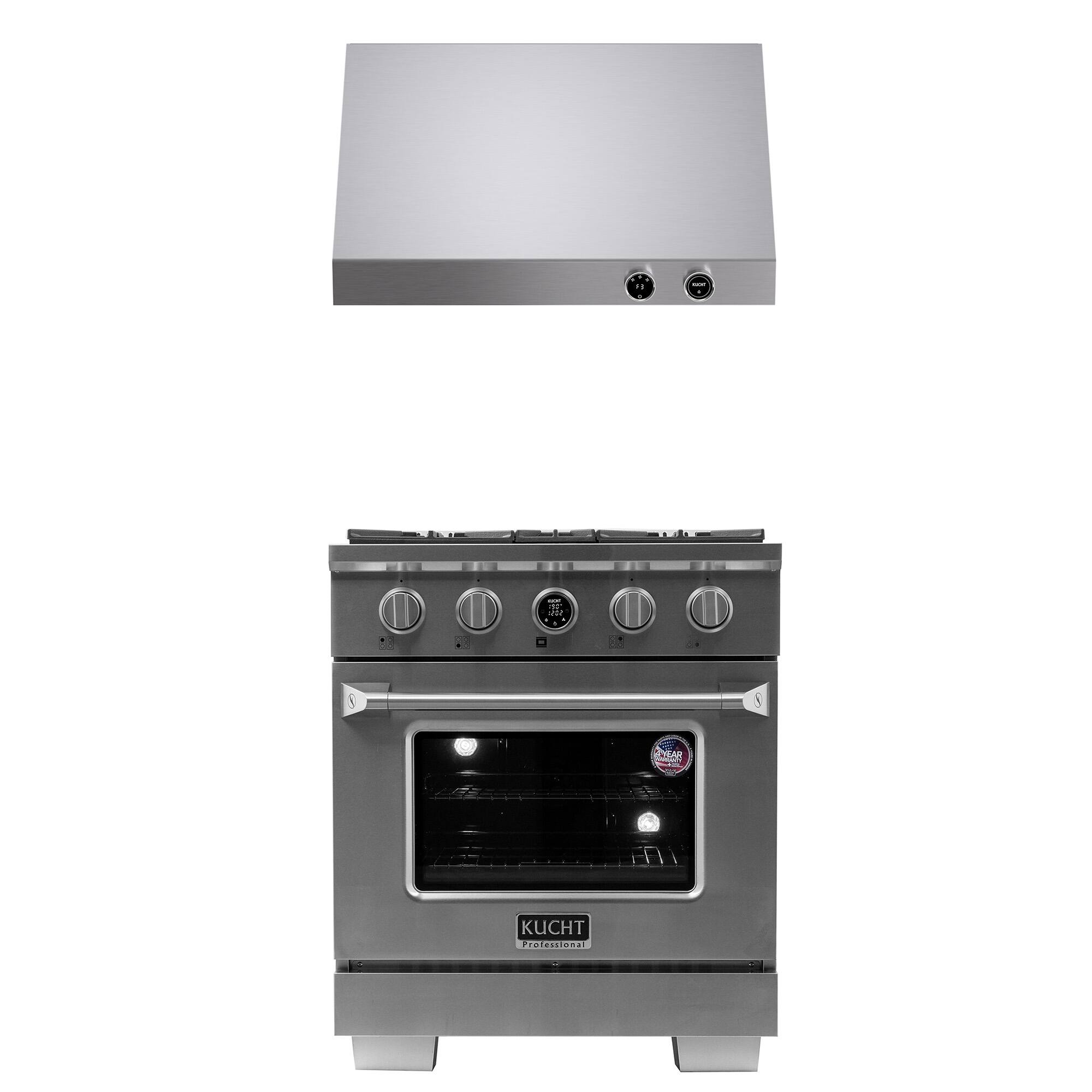 Front. Kucht - 30 in. 4.2 cu. ft. 4 Burners Dual Fuel Range for Propane Gas in Stainless Steel + Under Cabinet Range Hood - Stainless Steel.