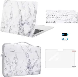 mosiso - 5in1 Kit for MacBook Air 13-Inch M5 M4 M3 M2 2022-2026, Hard Shell&Sleeve Bag&Keyboard Skin&Webcam Cover&Screen Film - White Marble