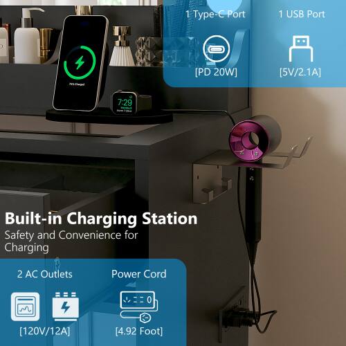 1 Type-C Port  
1 USB Port  
[PD 20W]  
[5V/2.1A]  
7:29  

Built-in Charging Station  
Safety and Convenience for Charging  

2 AC Outlets  
Power Cord  
[120V/12A]  
[4.92 Foot]