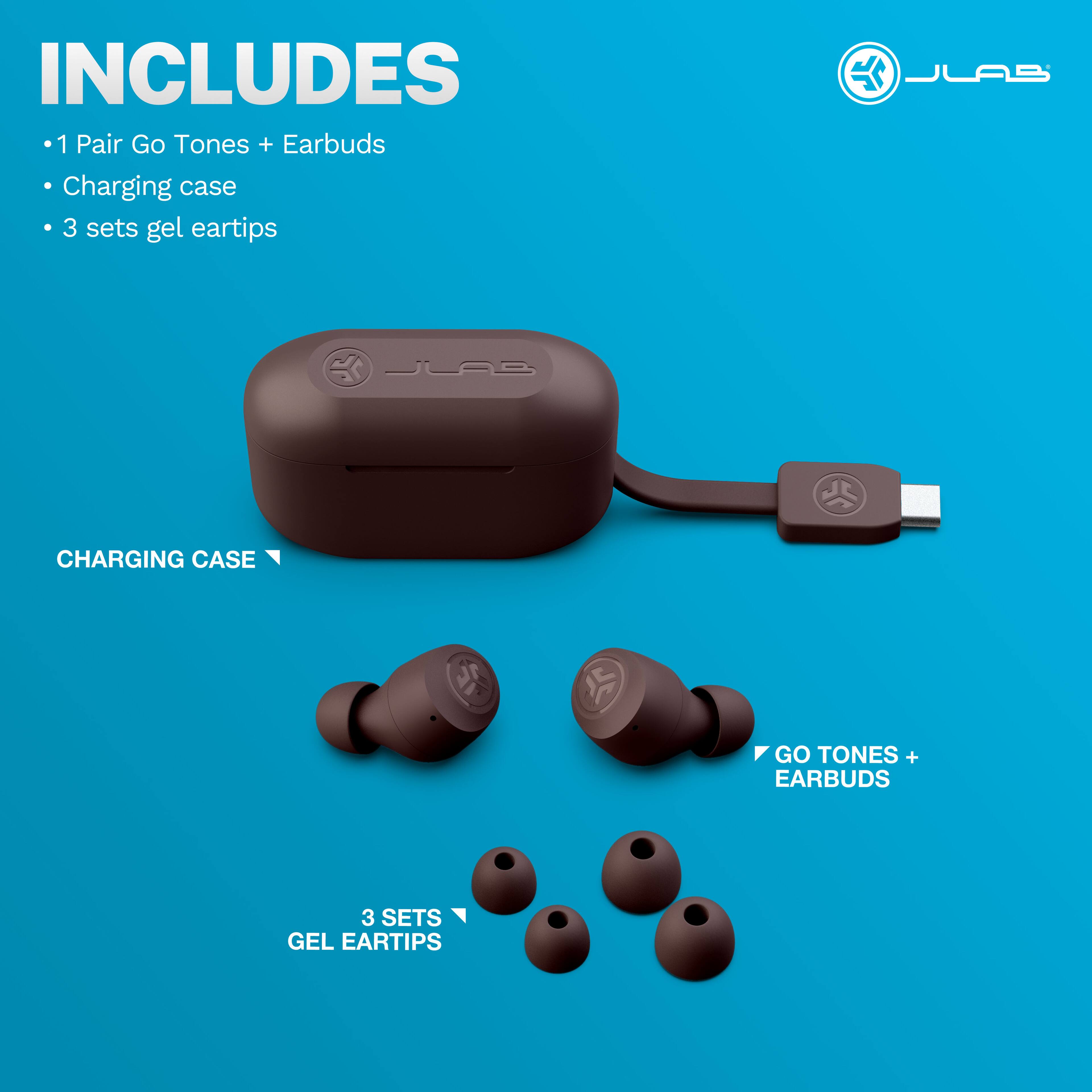 INCLUDES  
- 1 Pair Go Tones + Earbuds  
- Charging case  
- 3 sets gel eartips  

CHARGING CASE  
GO TONES + EARBUDS  
3 SETS GEL EARTIPS