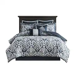 Gracie Mills - Pineda Luxurious 8-Piece Jacquard Comforter Set - Navy/Silver