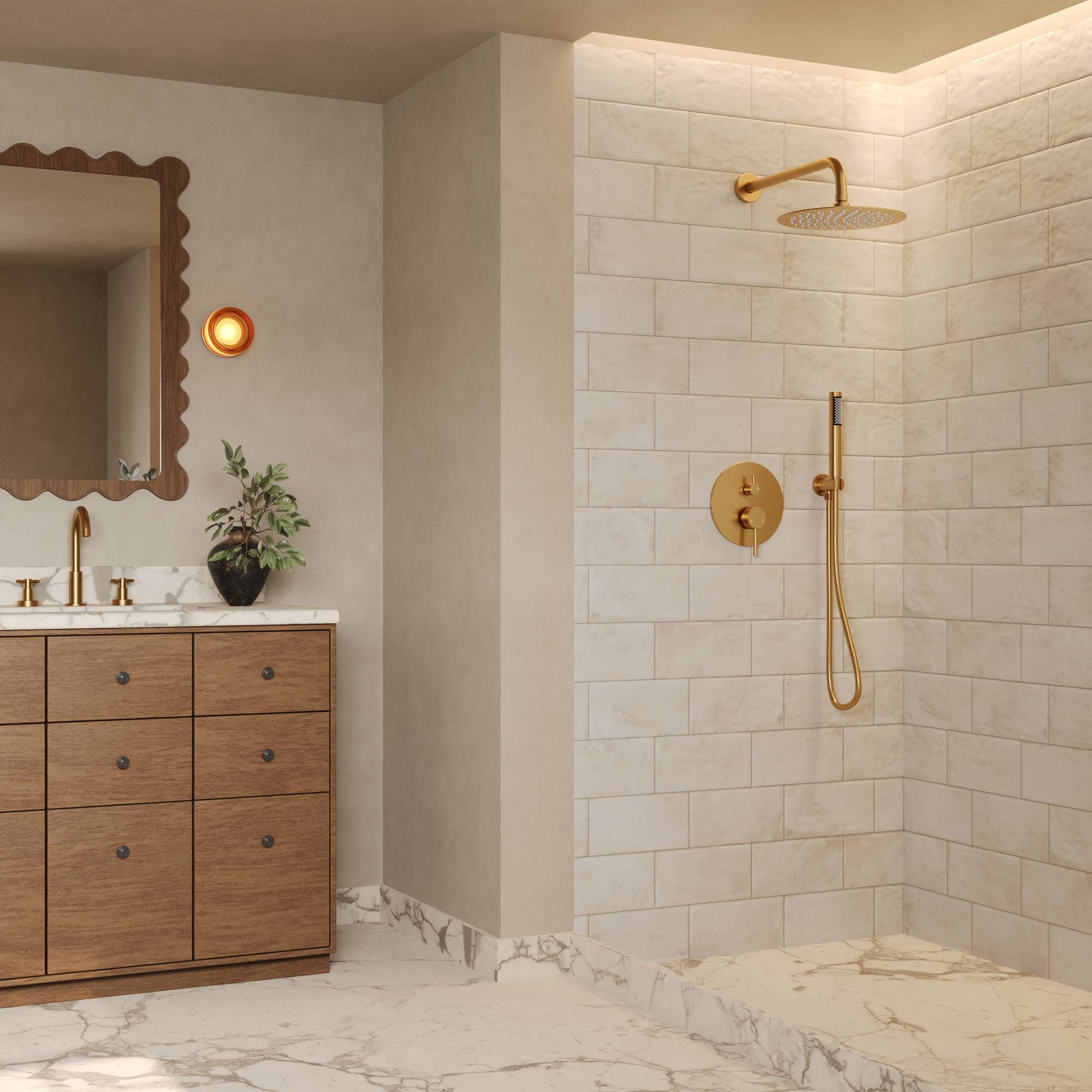 Left. GRANDJOY - Pressure Balanced Shower System with 10" Rain Shower Head, Handheld Shower and Anti‑Scald Valve - Brushed Gold.