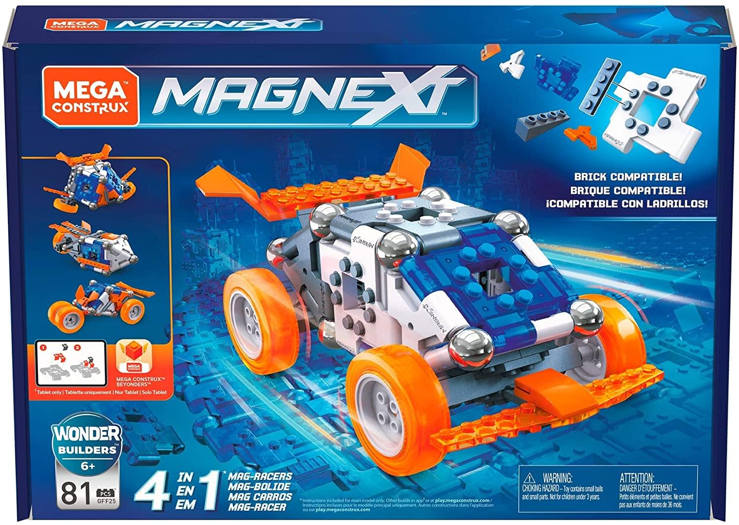 **Mega Construx**

**MagneXt**

**Brick Compatible!**  
**Brique Compatible!**  
**Compatible con ladrillos!**

**Wonder Builders**  
**6+**

**81 PCS**  
**4 en 1**  
**MAG-Racers**  
**MAG-Bolide**  
**G-Racers**  
**G-Carros**  
**G-Racer**

**Instructions included for main model only. Other builds in app or play.megaconstrux.com**  
**Instructions incluses pour le modèle principal uniquement. Autres constructions dans l'application play.megaconstrux.com**

**Tablet only**  
**Tablette uniquement**  
**Nur Tablet**  
**Solo Tablet**

**Warning: Choking Hazard - Toy contains small balls and small parts. Not for children under 3 years.**  
**Attention: Danger d'étouffement - Petits éléments et petites billes. Ne convient pas aux enfants de moins de 36 mois.**

**GFF25**