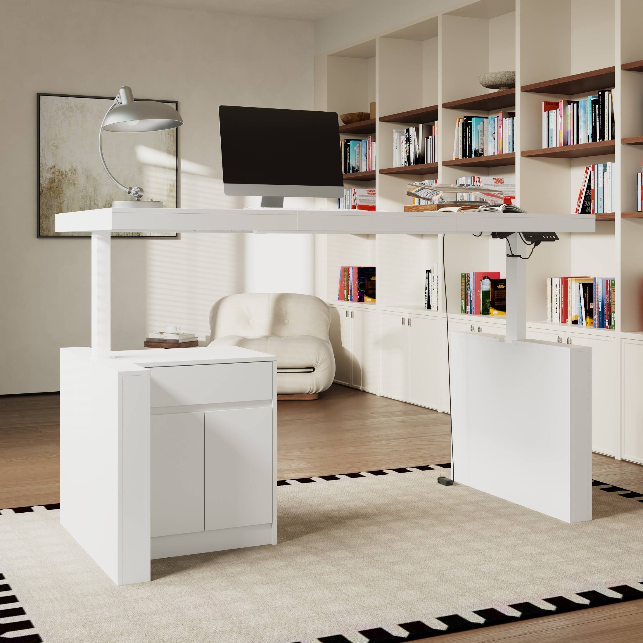Left. FUFU & GAGA - Electric Standing Desk with Storage Drawer & Cabinet – 3 Memory Presets, 70.9" Sit Stand Workstation for Home Office - White.