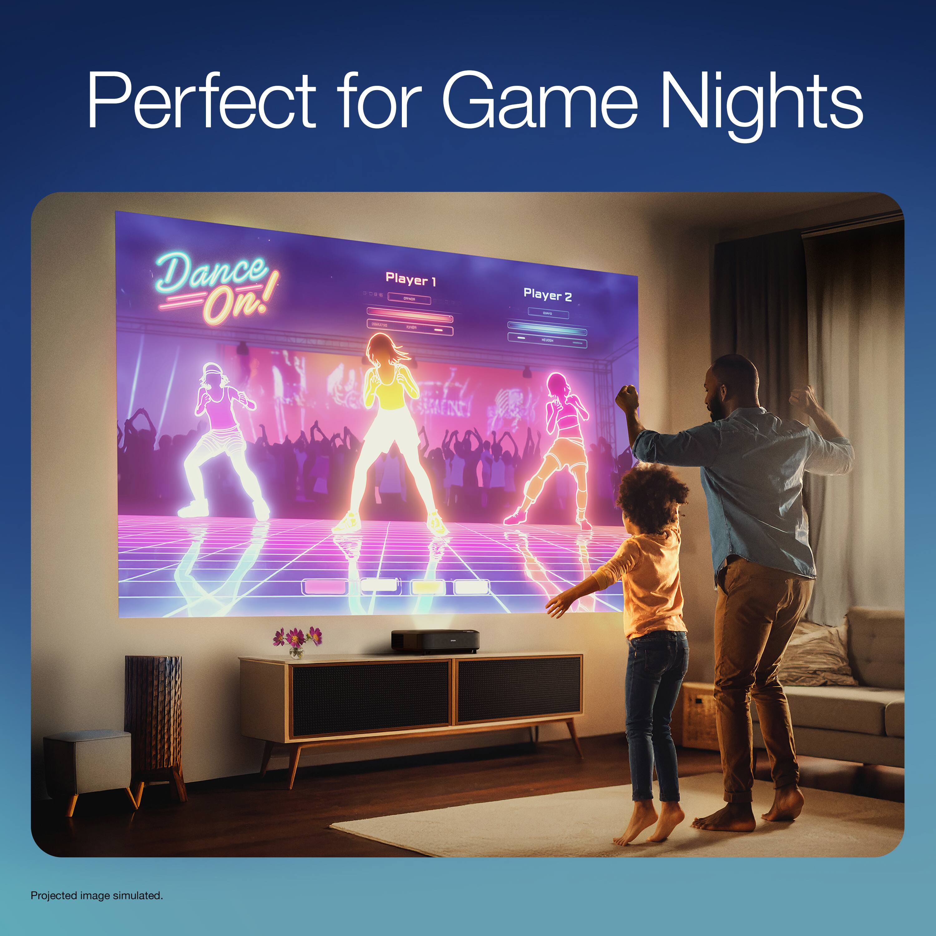 Perfect for Game Nights

Dance On!

Player 1

Player 2

Projected image simulated.