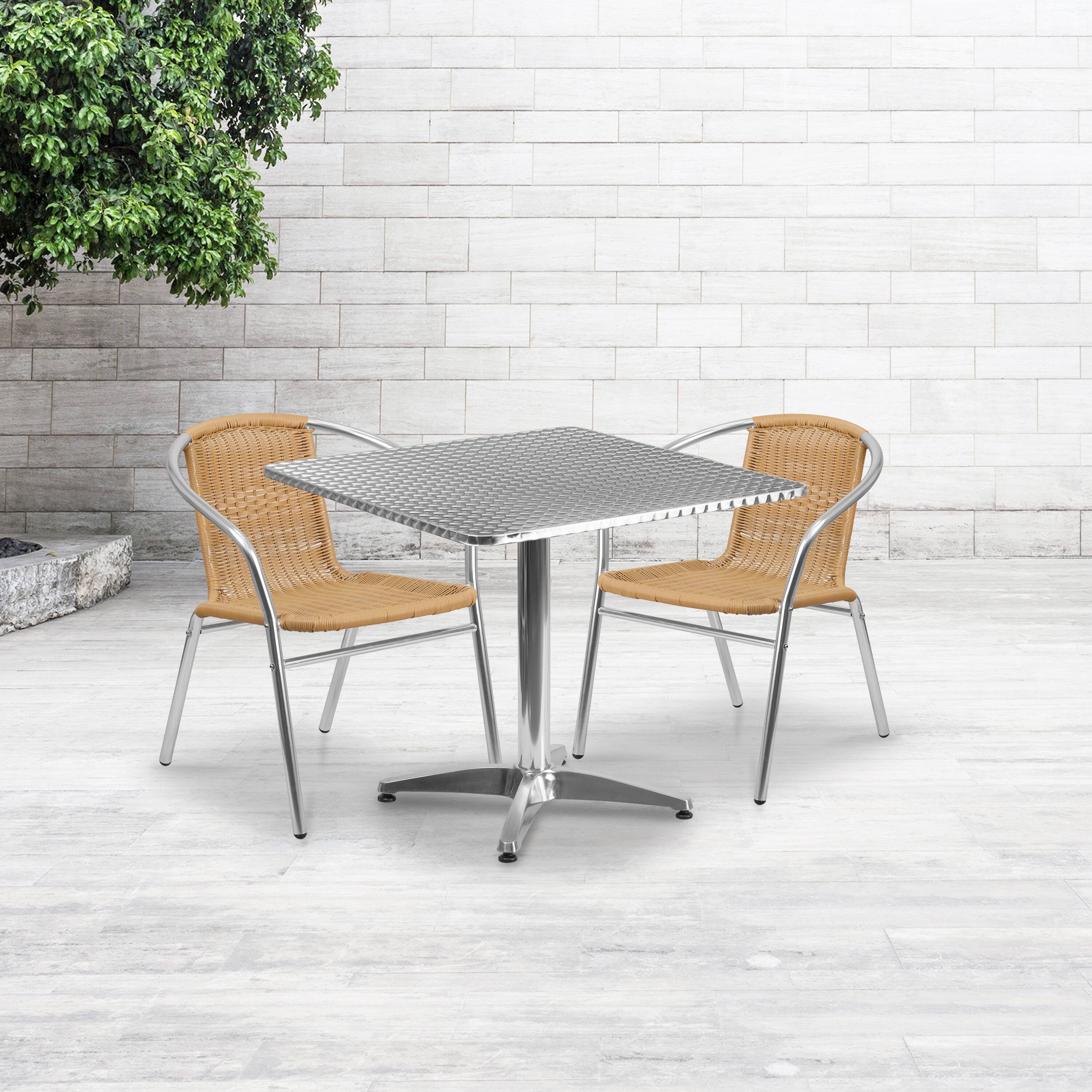 Alt View 1. Emma + Oliver - 31.5" Square Aluminum Garden Patio Table Set with 2 Rattan Chairs - Beige.