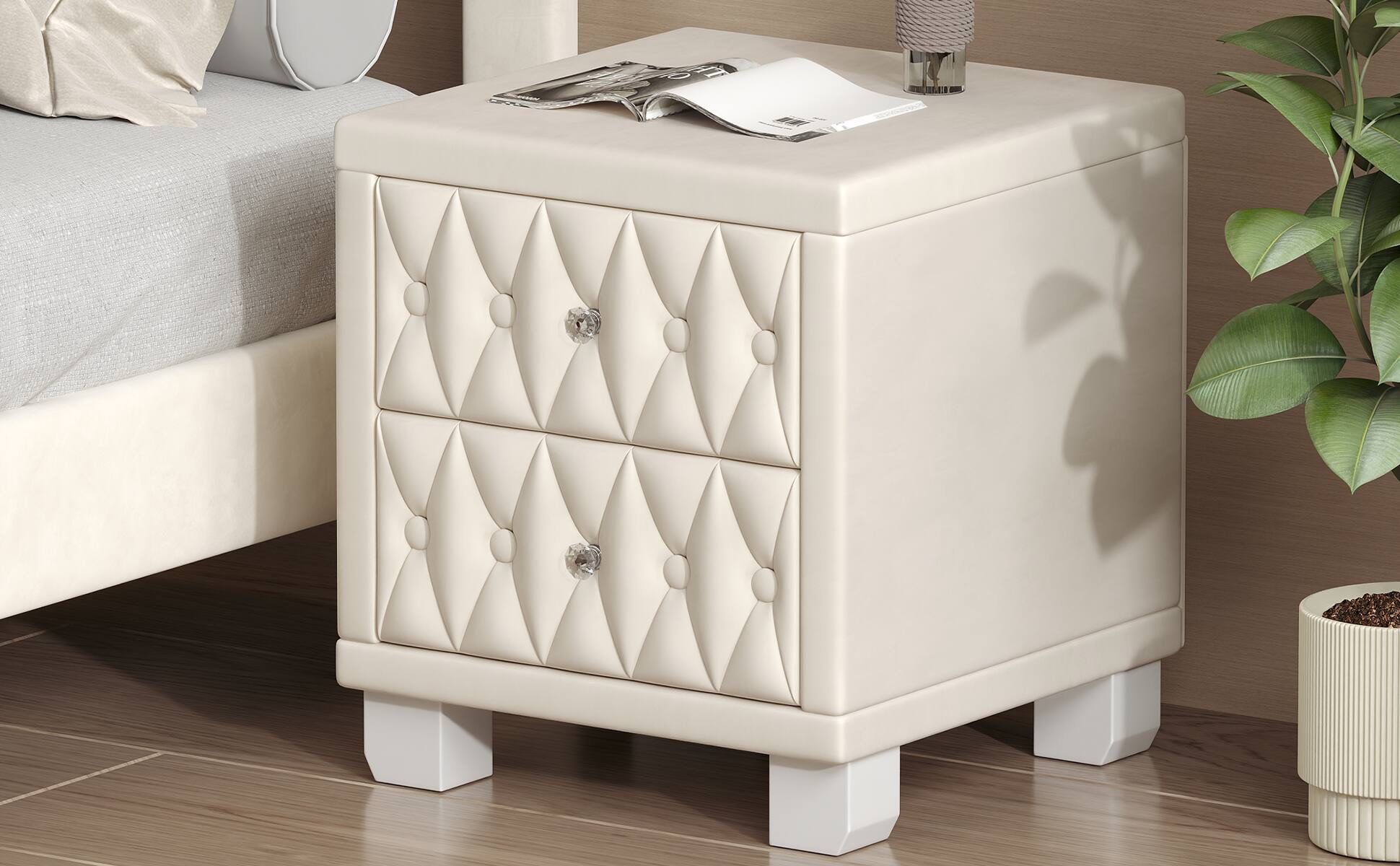 Alt View 10. Tiramisubest - Elegant Velvet Nightstand with 2 Drawers and Crystal Handle, Storage Bedside Table with Button-Tufted, Beige - Beige.